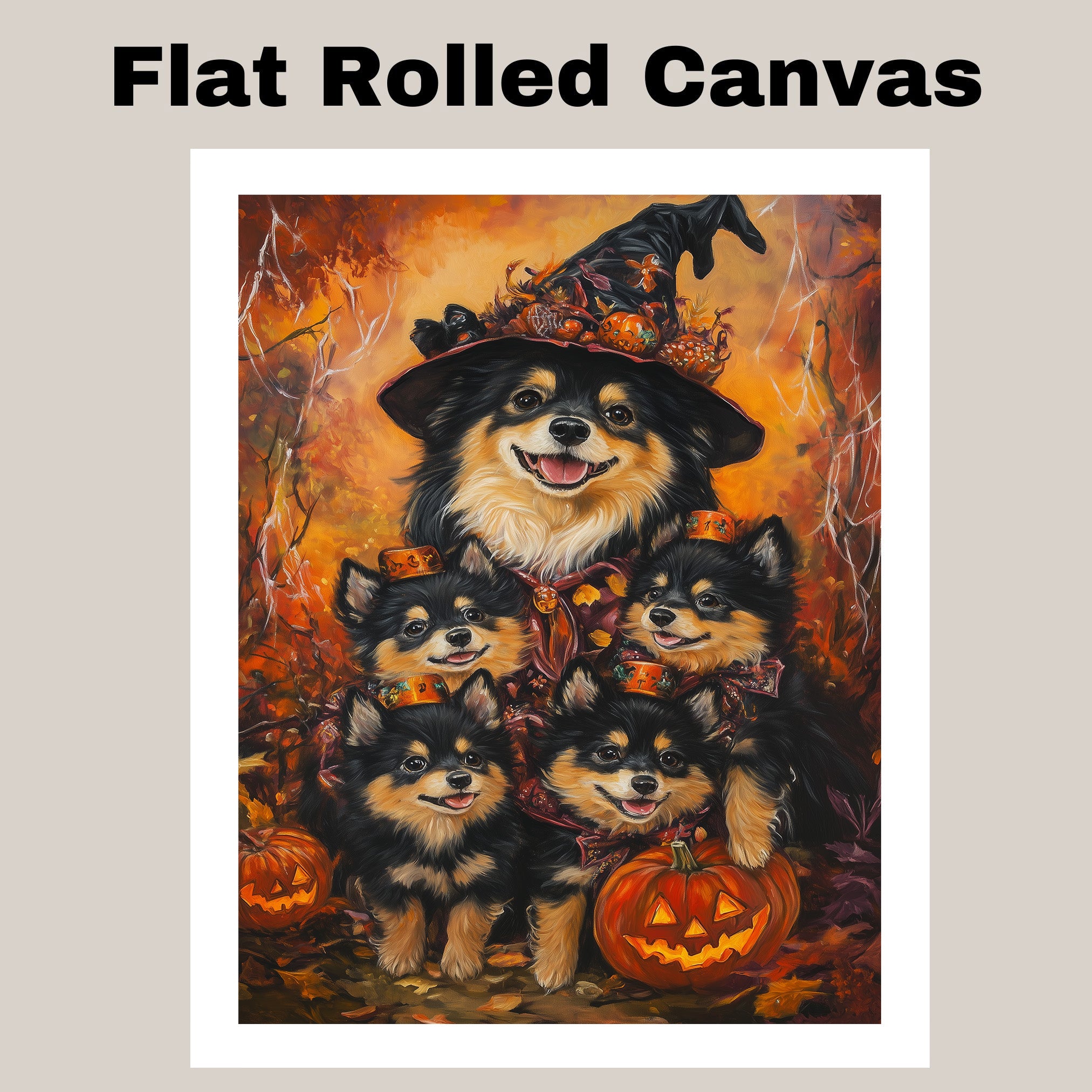 Finnish Lapphund Dog Family Halloween Canvas Wall Art with Pumpkins Rustic Fall Accent for Cozy Autumn Homes on Ready to Hang 1.5" Thick Canvas Wrap, Floating Framed Canvas, Flat Rolled Canvas
