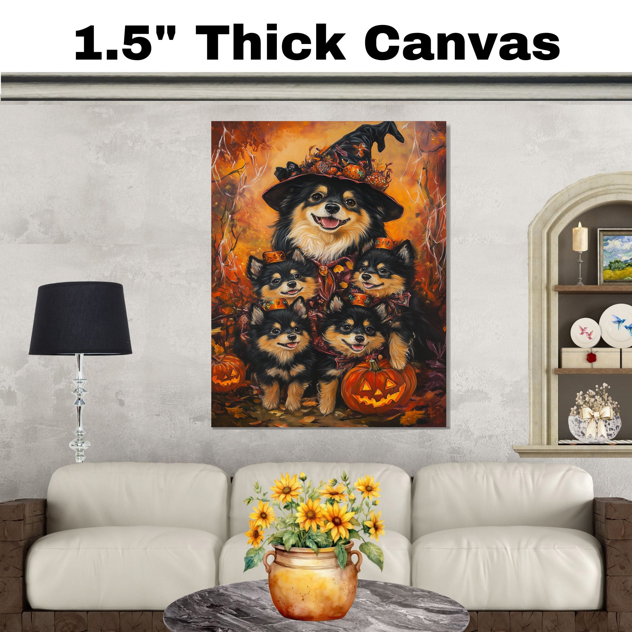 Finnish Lapphund Dog Family Halloween Canvas Wall Art with Pumpkins Rustic Fall Accent for Cozy Autumn Homes on Ready to Hang 1.5" Thick Canvas Wrap, Floating Framed Canvas, Flat Rolled Canvas