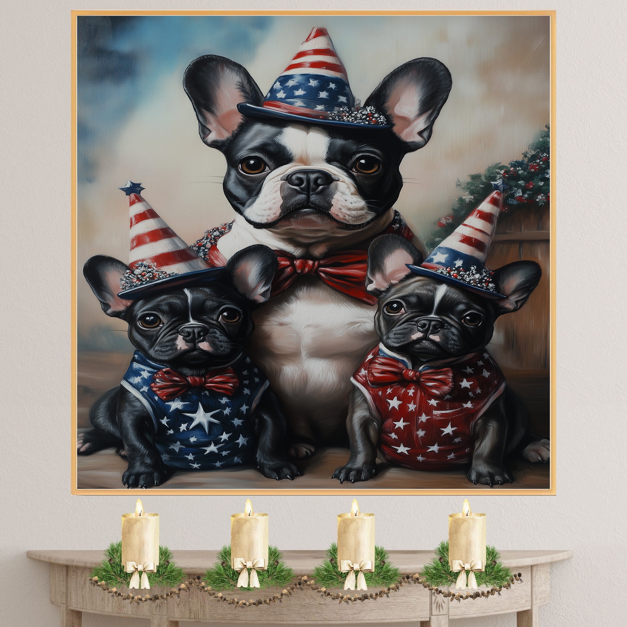 Mother French Bulldog with Three Puppies Wearing Patriotic Hats and Star Spangled Outfits for Independence Day on Ready to Hang 1.5" Thick Canvas Wrap, Floating Framed Canvas, Flat Rolled Canvas