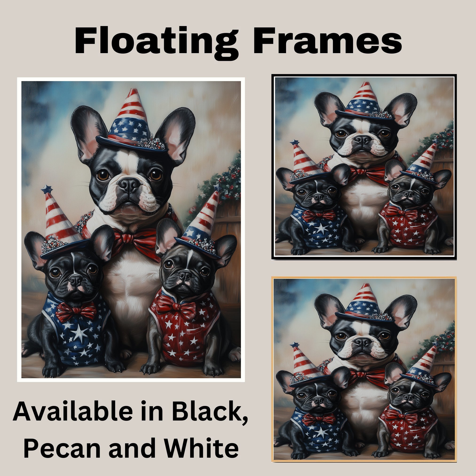 Mother French Bulldog with Three Puppies Wearing Patriotic Hats and Star Spangled Outfits for Independence Day on Ready to Hang 1.5" Thick Canvas Wrap, Floating Framed Canvas, Flat Rolled Canvas