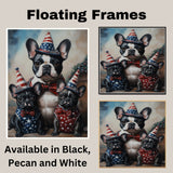 Mother French Bulldog with Three Puppies Wearing Patriotic Hats and Star Spangled Outfits for Independence Day on Ready to Hang 1.5" Thick Canvas Wrap, Floating Framed Canvas, Flat Rolled Canvas