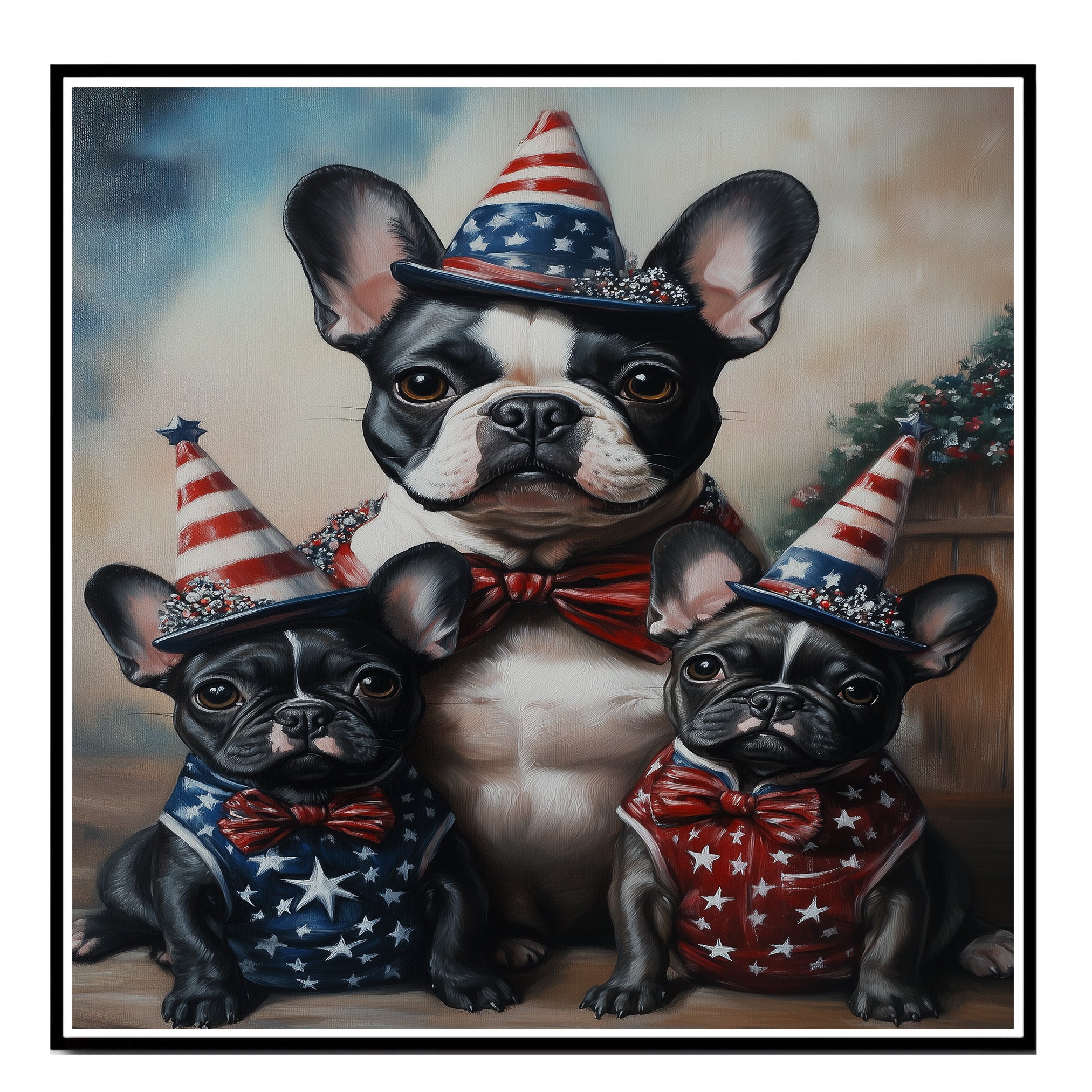 Mother French Bulldog with Three Puppies Wearing Patriotic Hats and Star Spangled Outfits for Independence Day on Ready to Hang 1.5" Thick Canvas Wrap, Floating Framed Canvas, Flat Rolled Canvas