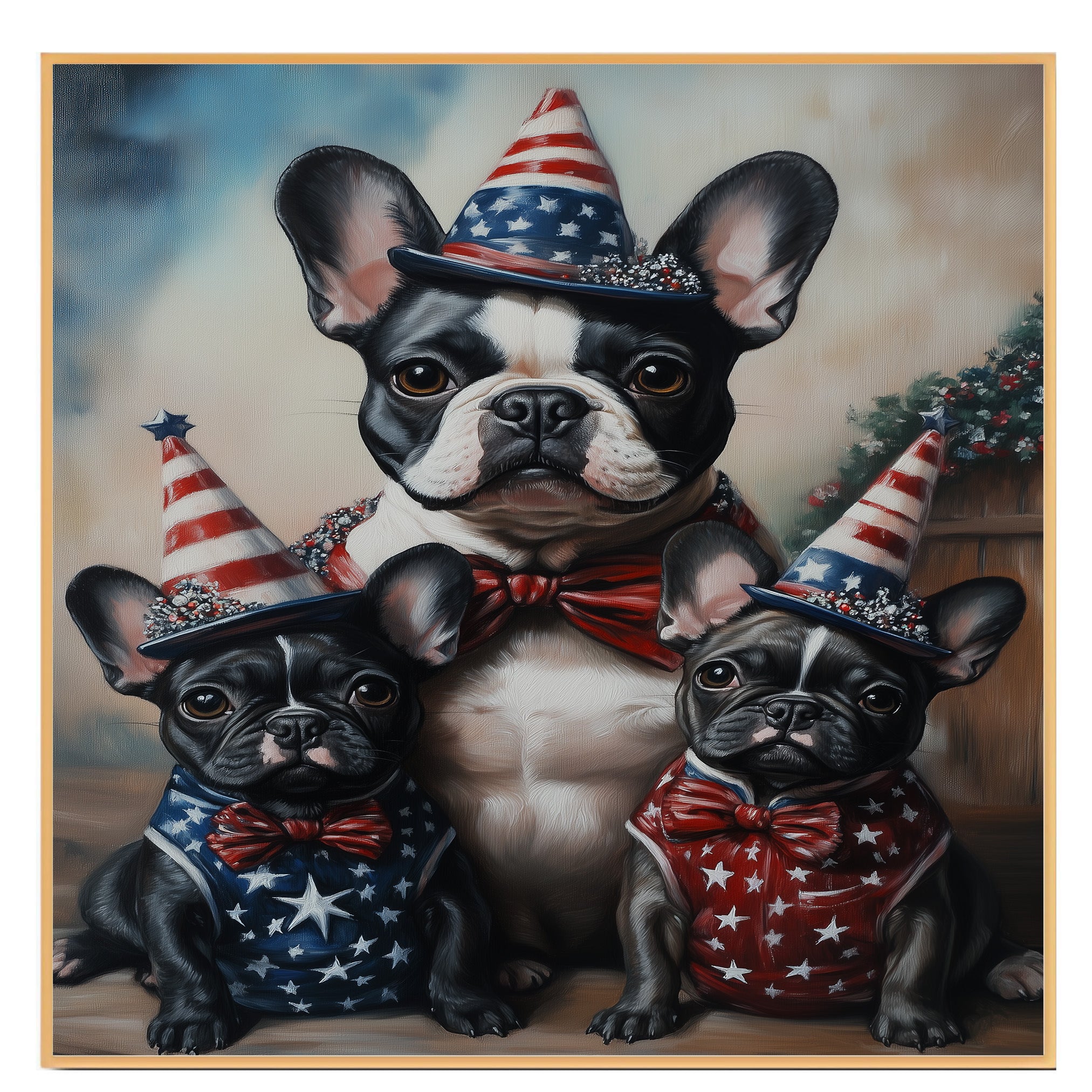 Mother French Bulldog with Three Puppies Wearing Patriotic Hats and Star Spangled Outfits for Independence Day on Ready to Hang 1.5" Thick Canvas Wrap, Floating Framed Canvas, Flat Rolled Canvas
