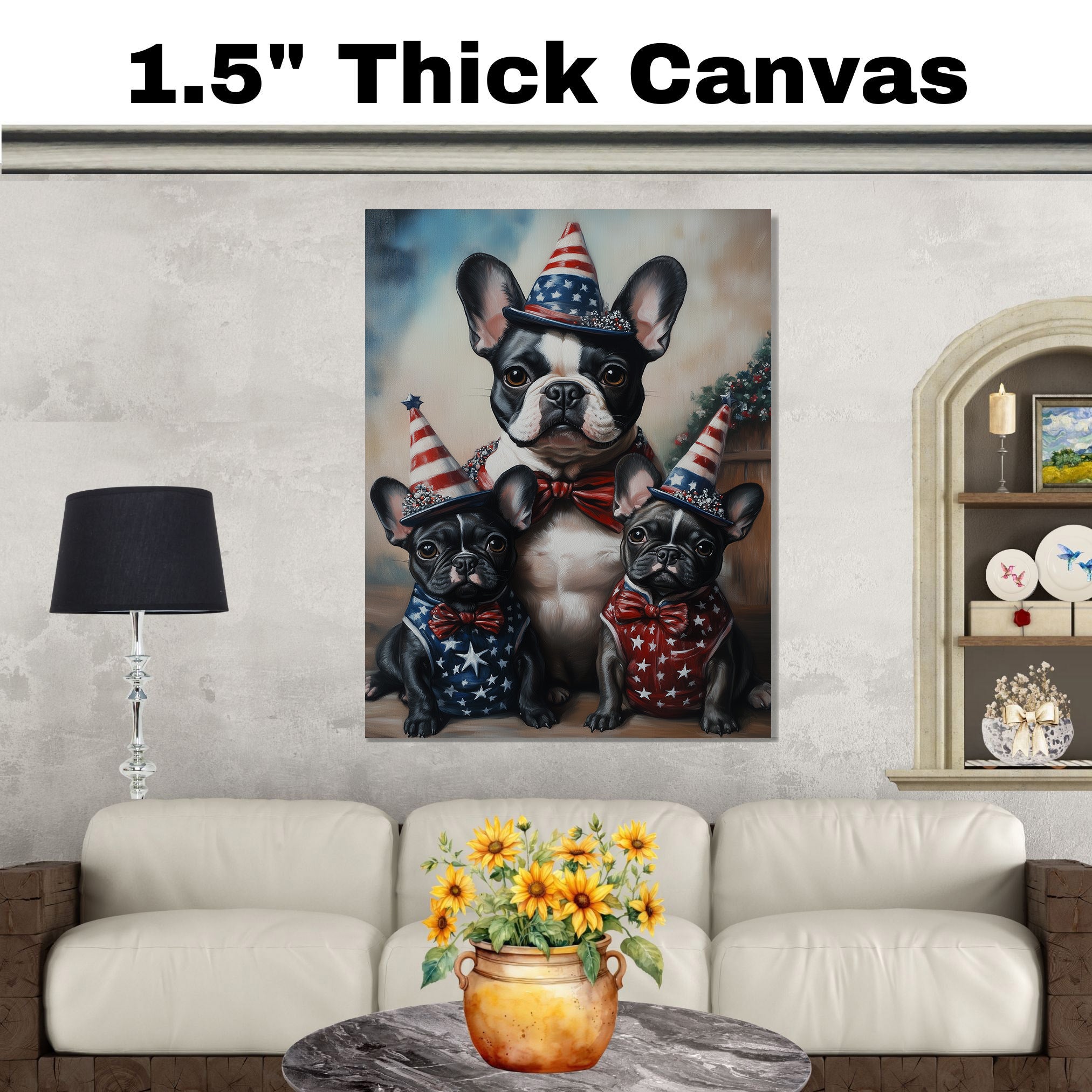 Mother French Bulldog with Three Puppies Wearing Patriotic Hats and Star Spangled Outfits for Independence Day on Ready to Hang 1.5" Thick Canvas Wrap, Floating Framed Canvas, Flat Rolled Canvas