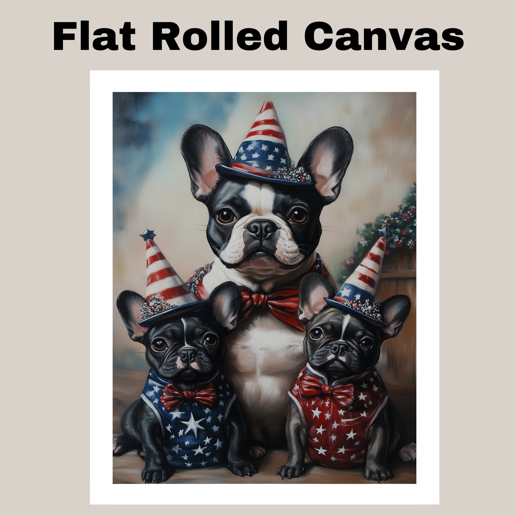 Mother French Bulldog with Three Puppies Wearing Patriotic Hats and Star Spangled Outfits for Independence Day on Ready to Hang 1.5" Thick Canvas Wrap, Floating Framed Canvas, Flat Rolled Canvas