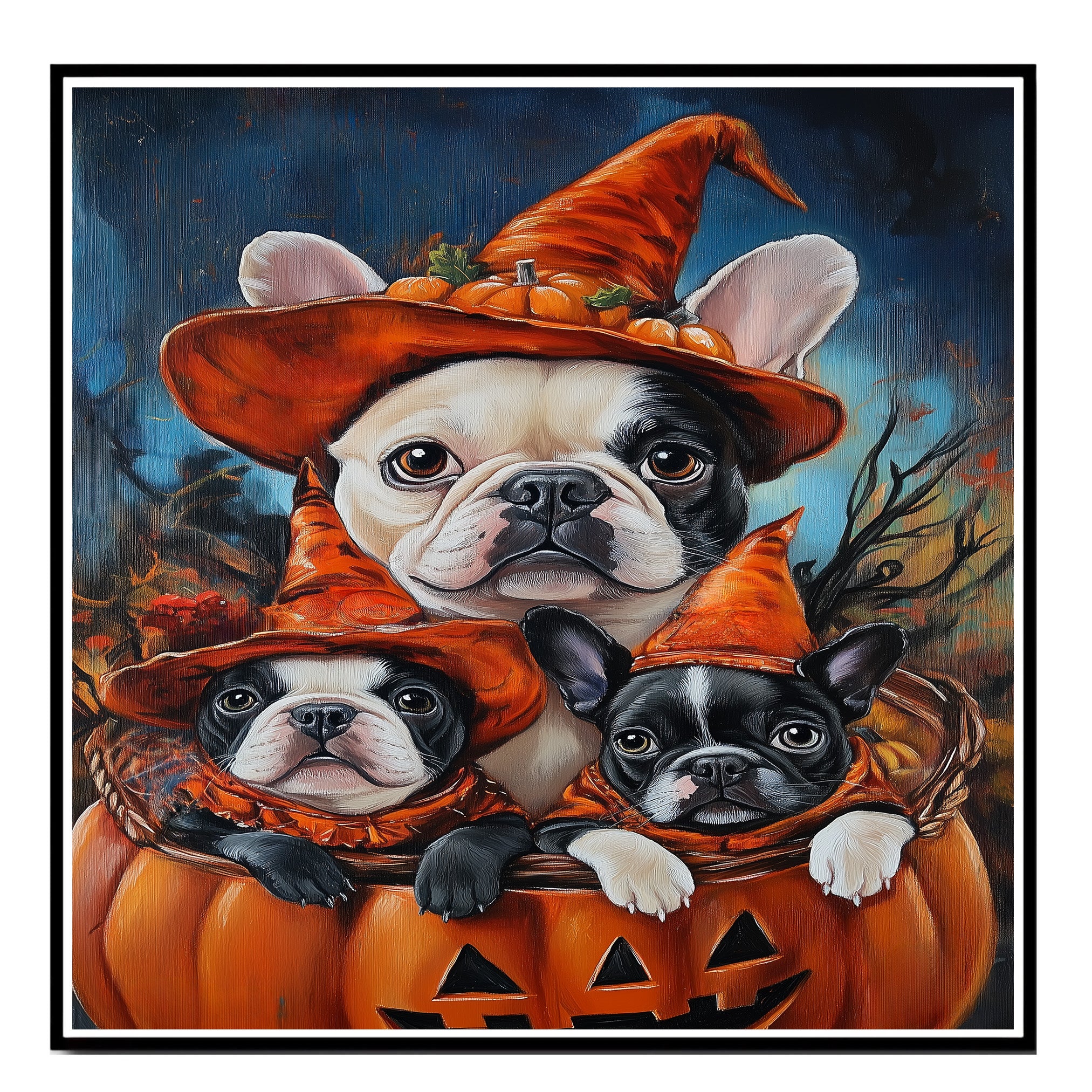 French Bulldog Halloween Canvas Wall Art with Pumpkins and Witch Hats Rustic Fall Accent for Autumn Homes on Ready to Hang 1.5" Thick Canvas Wrap, Floating Framed Canvas, Flat Rolled Canvas