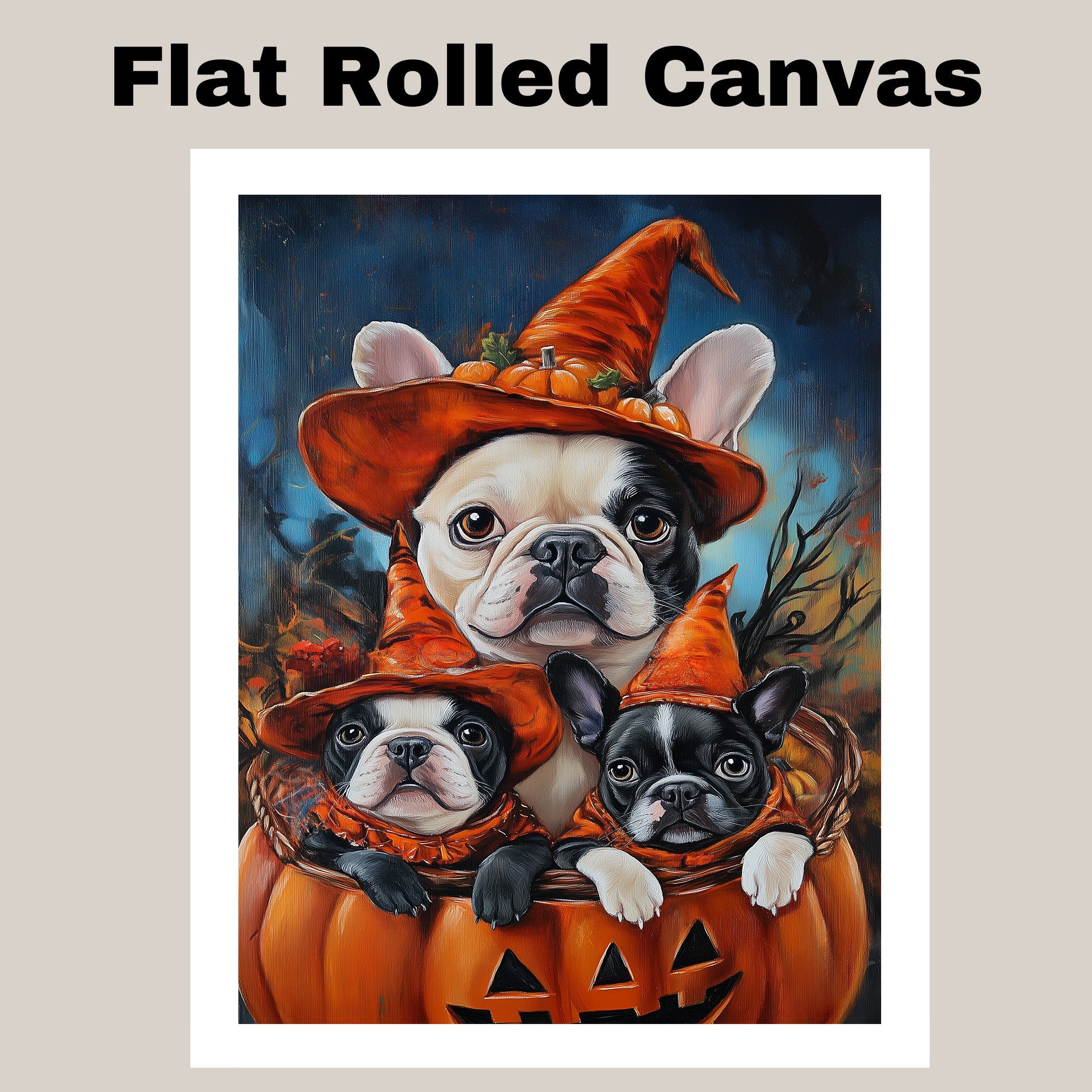 French Bulldog Halloween Canvas Wall Art with Pumpkins and Witch Hats Rustic Fall Accent for Autumn Homes on Ready to Hang 1.5" Thick Canvas Wrap, Floating Framed Canvas, Flat Rolled Canvas