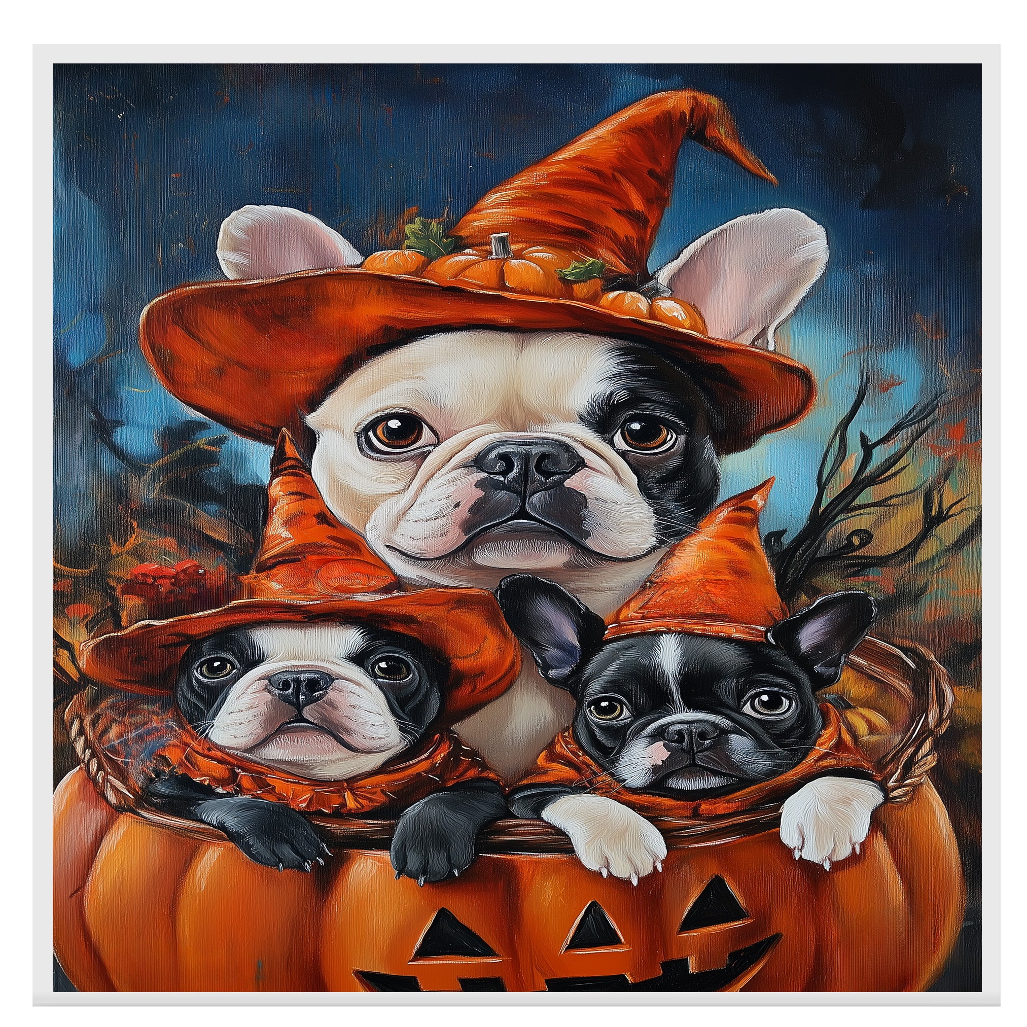 French Bulldog Halloween Canvas Wall Art with Pumpkins and Witch Hats Rustic Fall Accent for Autumn Homes on Ready to Hang 1.5" Thick Canvas Wrap, Floating Framed Canvas, Flat Rolled Canvas