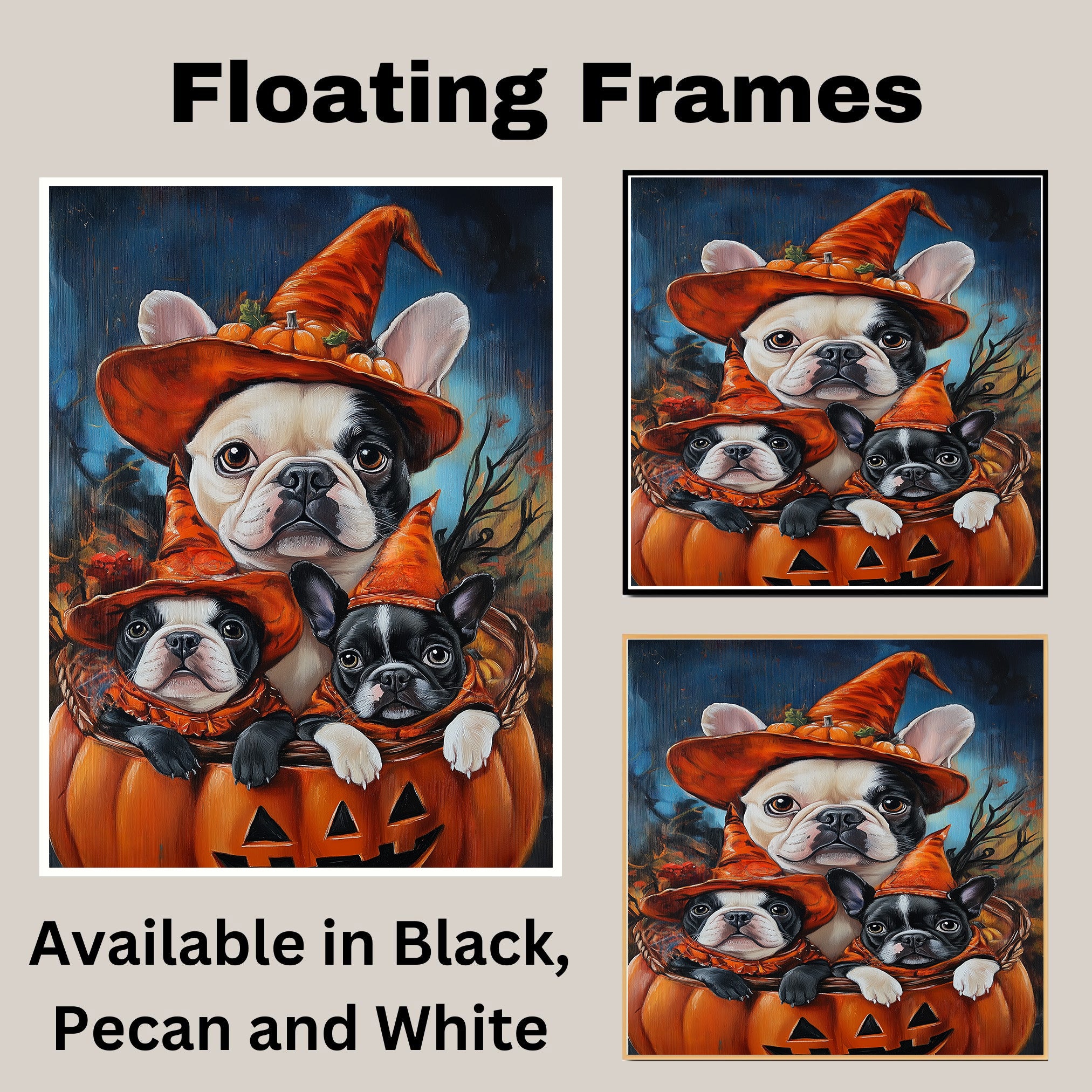 French Bulldog Halloween Canvas Wall Art with Pumpkins and Witch Hats Rustic Fall Accent for Autumn Homes on Ready to Hang 1.5" Thick Canvas Wrap, Floating Framed Canvas, Flat Rolled Canvas