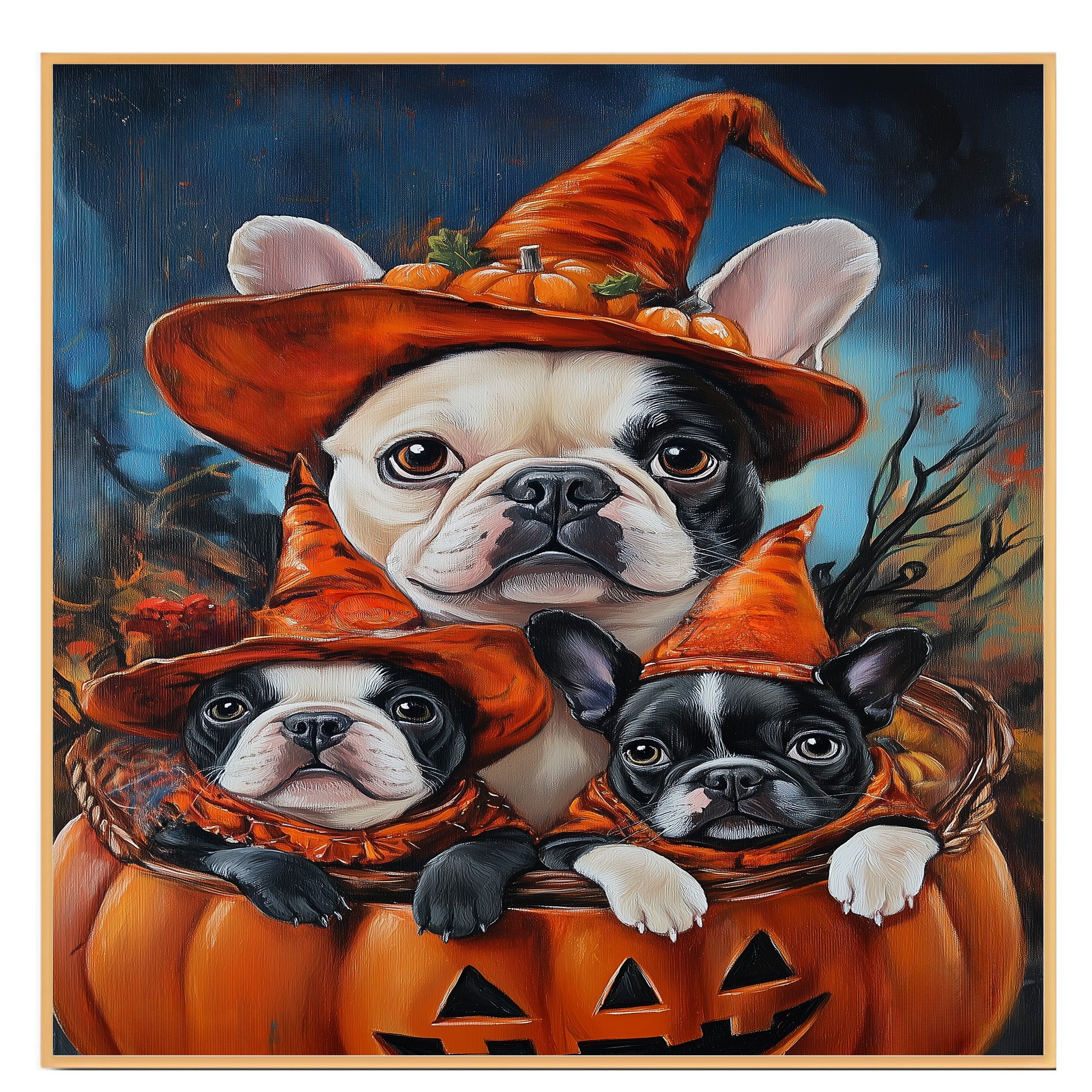 French Bulldog Halloween Canvas Wall Art with Pumpkins and Witch Hats Rustic Fall Accent for Autumn Homes on Ready to Hang 1.5" Thick Canvas Wrap, Floating Framed Canvas, Flat Rolled Canvas
