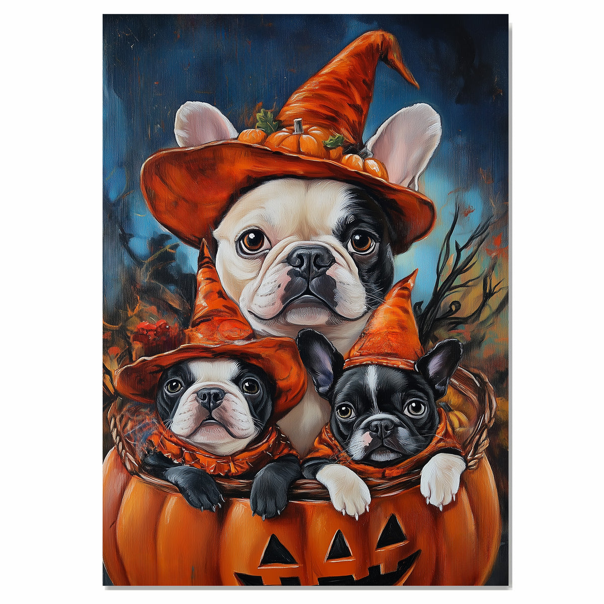 French Bulldog Halloween Canvas Wall Art with Pumpkins and Witch Hats Rustic Fall Accent for Autumn Homes on Ready to Hang 1.5" Thick Canvas Wrap, Floating Framed Canvas, Flat Rolled Canvas