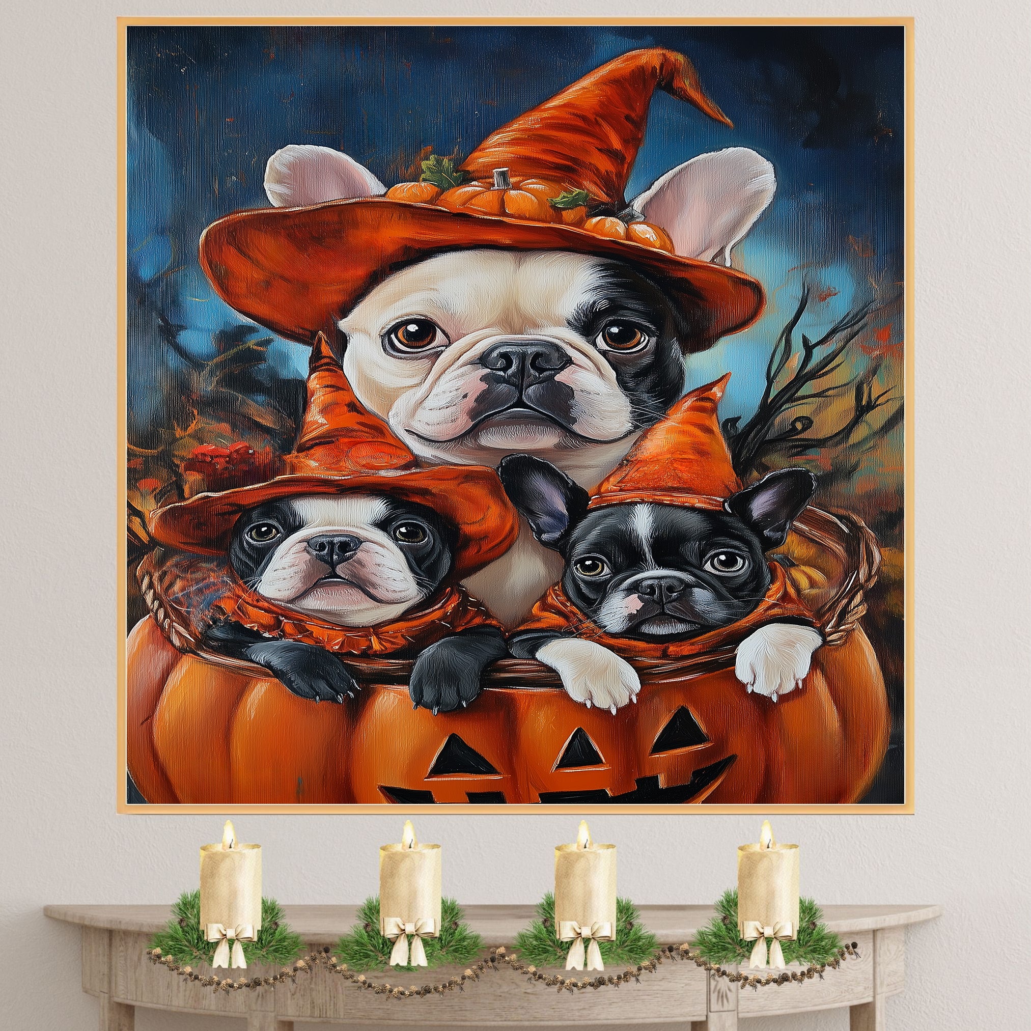 French Bulldog Halloween Canvas Wall Art with Pumpkins and Witch Hats Rustic Fall Accent for Autumn Homes on Ready to Hang 1.5" Thick Canvas Wrap, Floating Framed Canvas, Flat Rolled Canvas