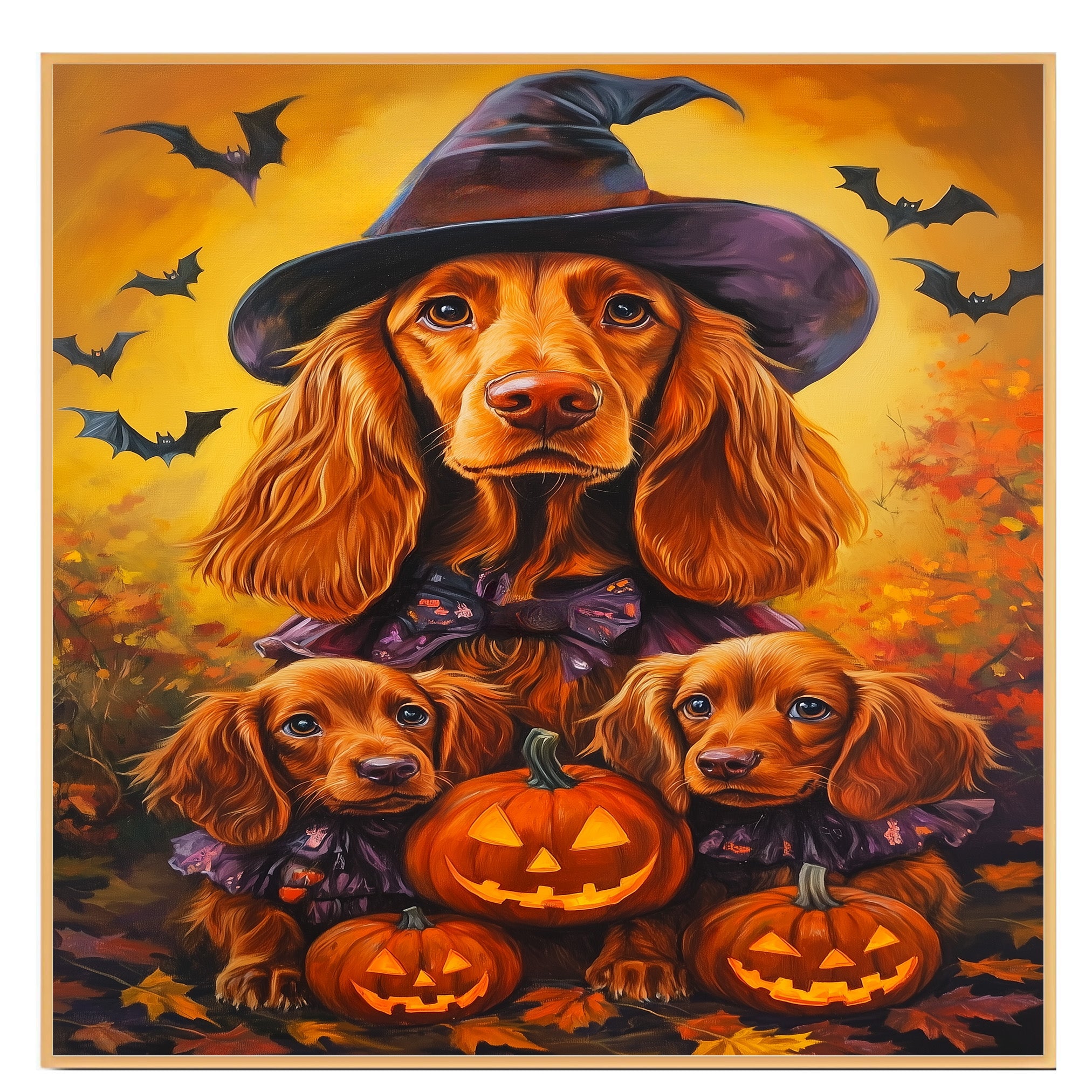 Irish Setter Dog Halloween Canvas Wall Art with Pumpkins and Witch Hats Rustic Fall Farmhouse Decor on Ready to Hang 1.5" Thick Canvas Wrap, Floating Framed Canvas, Flat Rolled Canvas