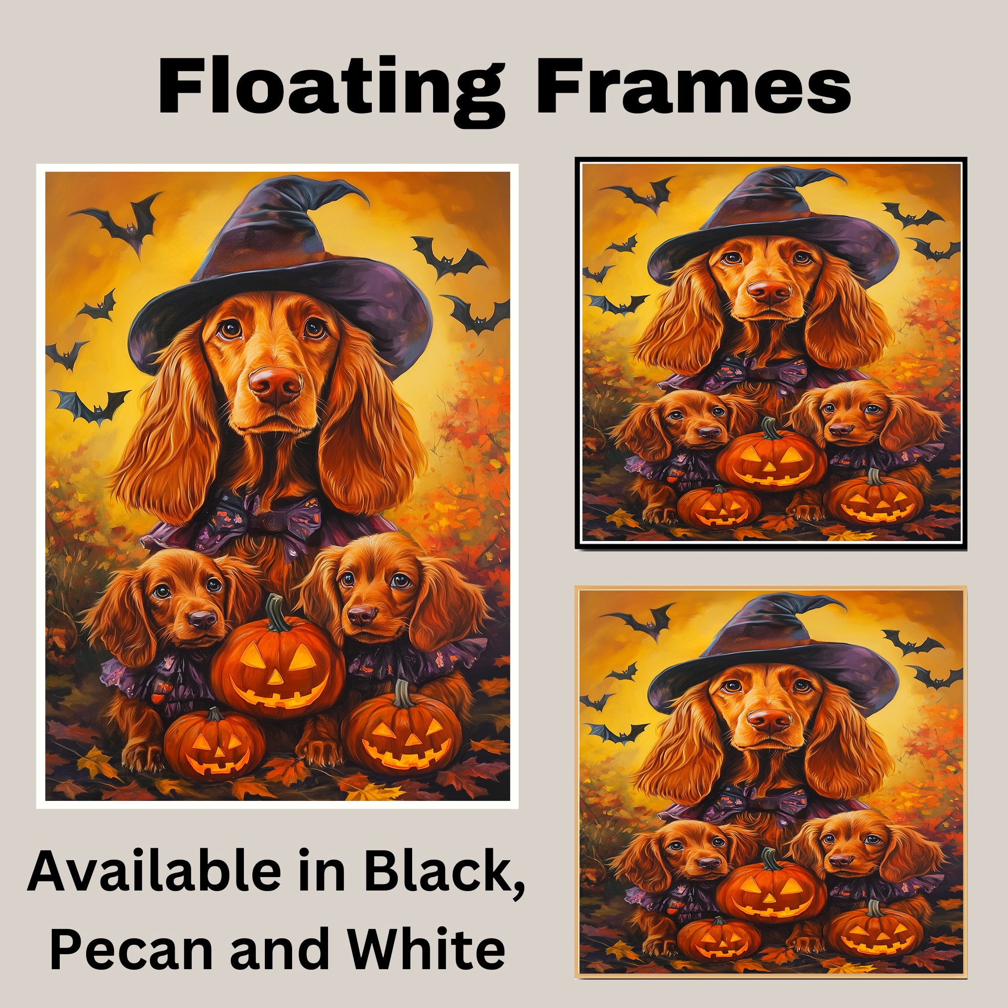 Irish Setter Dog Halloween Canvas Wall Art with Pumpkins and Witch Hats Rustic Fall Farmhouse Decor on Ready to Hang 1.5" Thick Canvas Wrap, Floating Framed Canvas, Flat Rolled Canvas