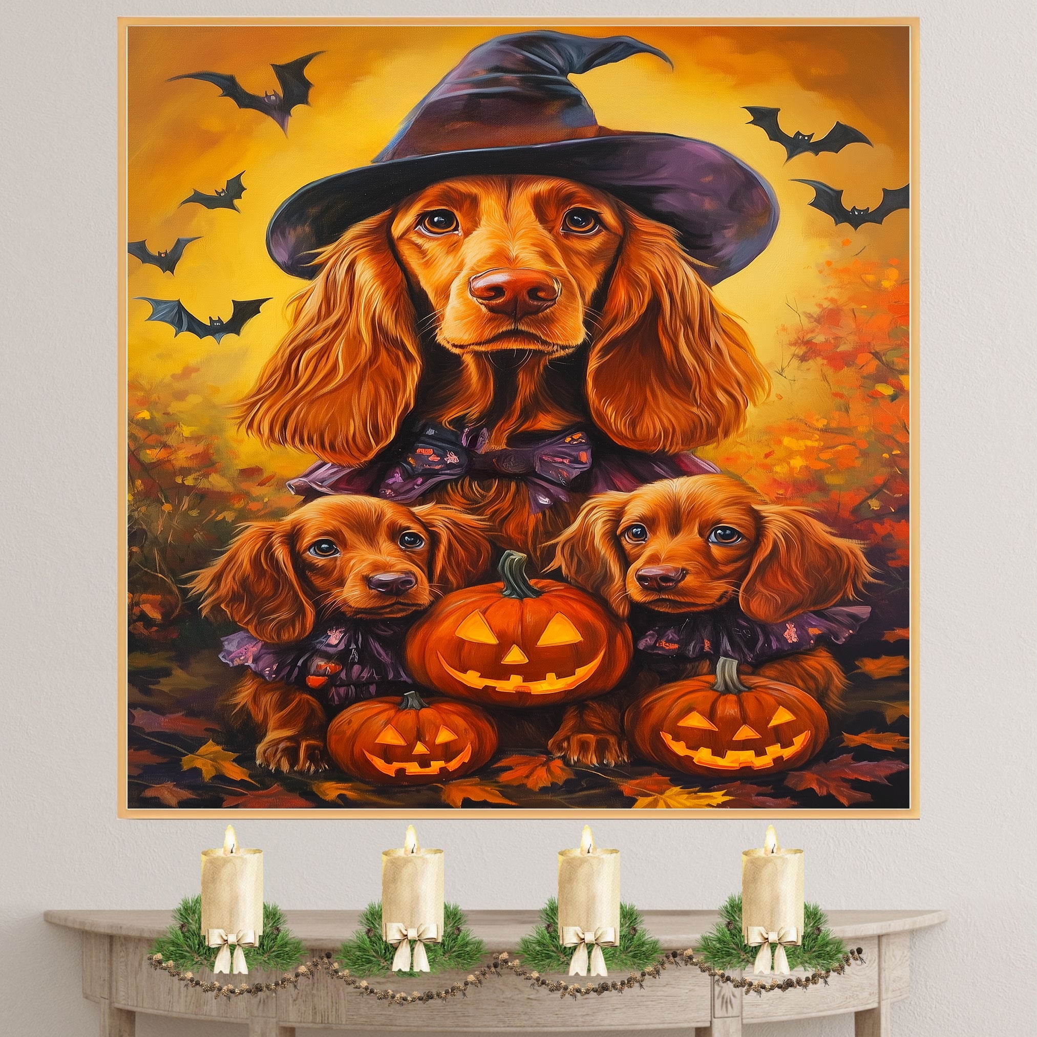 Irish Setter Dog Halloween Canvas Wall Art with Pumpkins and Witch Hats Rustic Fall Farmhouse Decor on Ready to Hang 1.5" Thick Canvas Wrap, Floating Framed Canvas, Flat Rolled Canvas