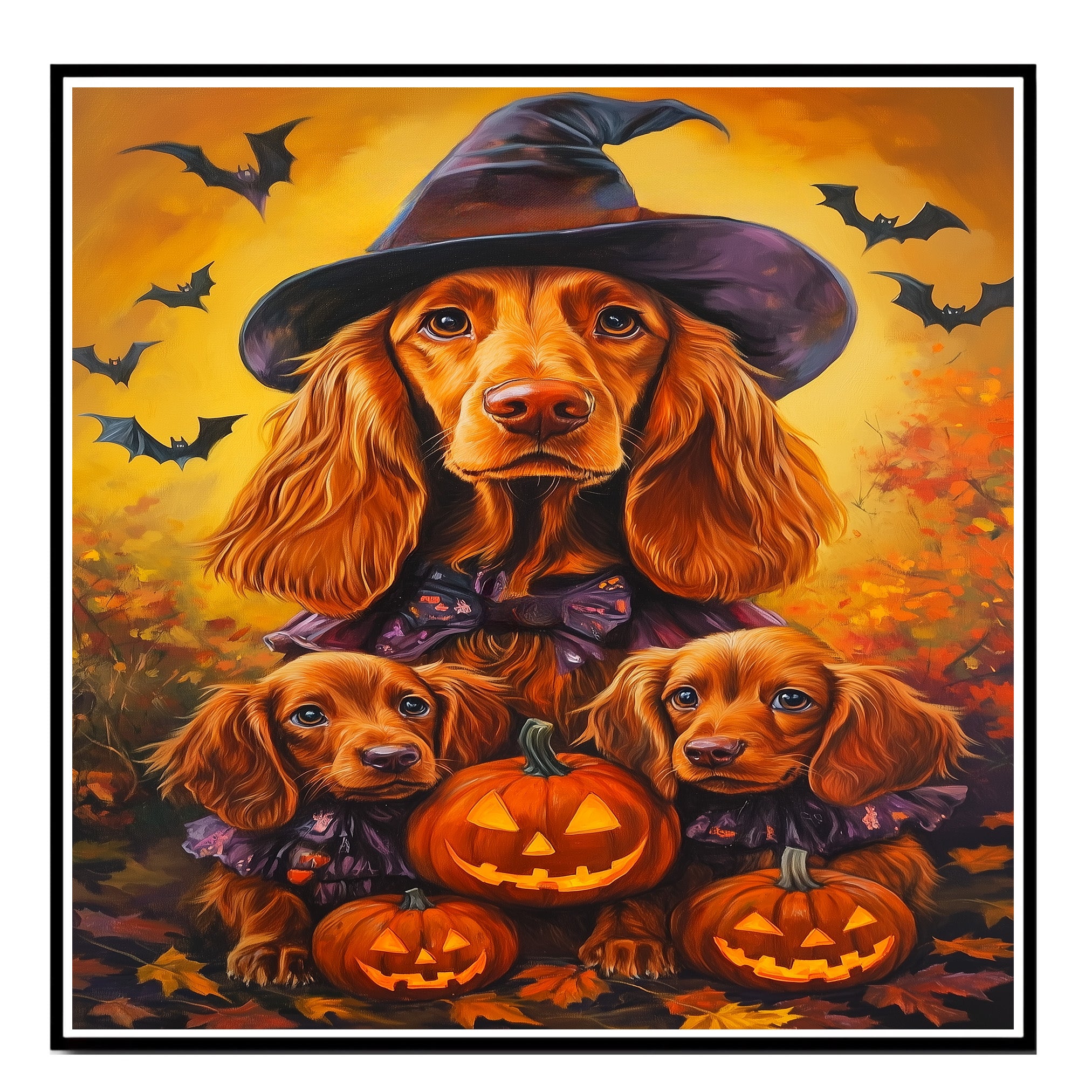 Irish Setter Dog Halloween Canvas Wall Art with Pumpkins and Witch Hats Rustic Fall Farmhouse Decor on Ready to Hang 1.5" Thick Canvas Wrap, Floating Framed Canvas, Flat Rolled Canvas