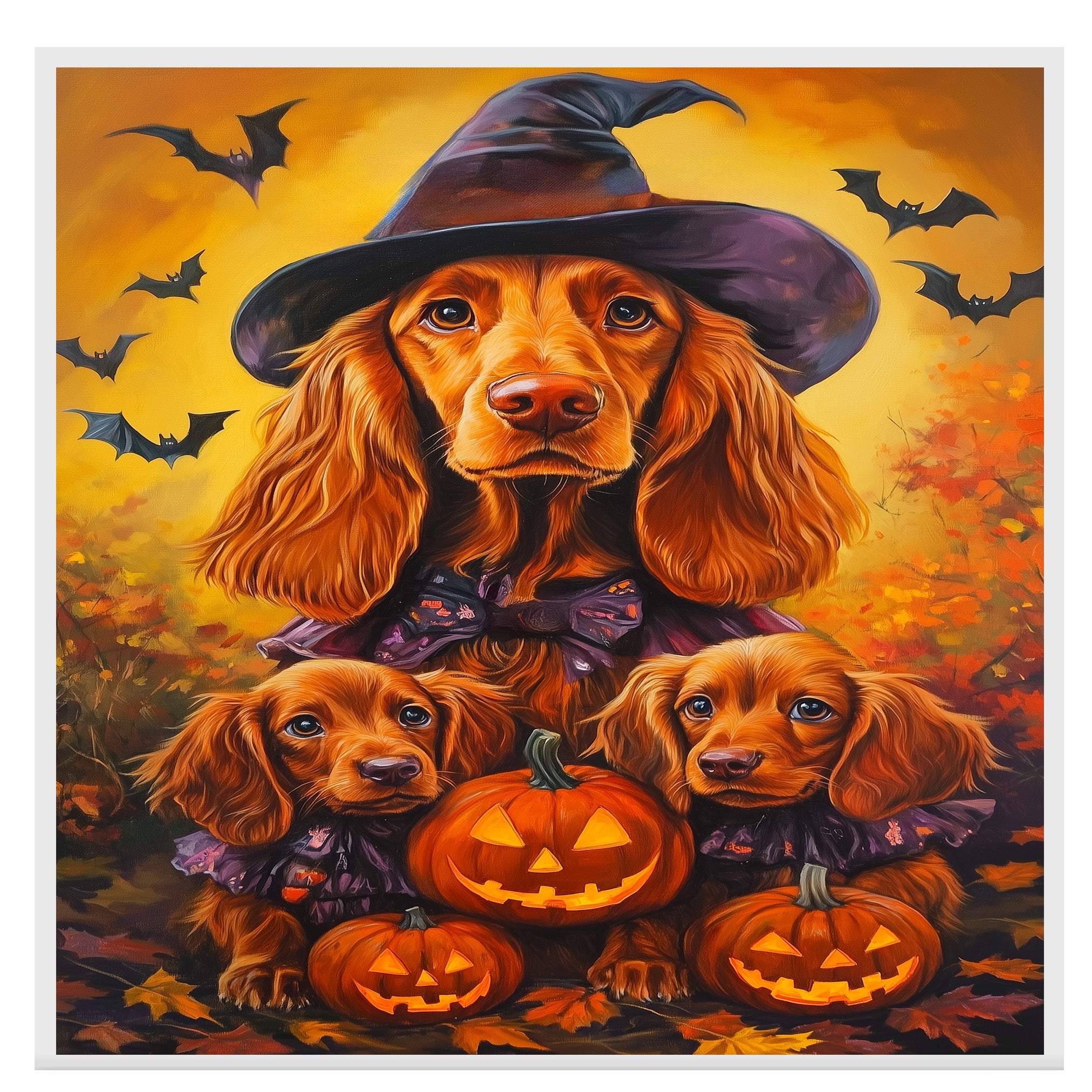 Irish Setter Dog Halloween Canvas Wall Art with Pumpkins and Witch Hats Rustic Fall Farmhouse Decor on Ready to Hang 1.5" Thick Canvas Wrap, Floating Framed Canvas, Flat Rolled Canvas