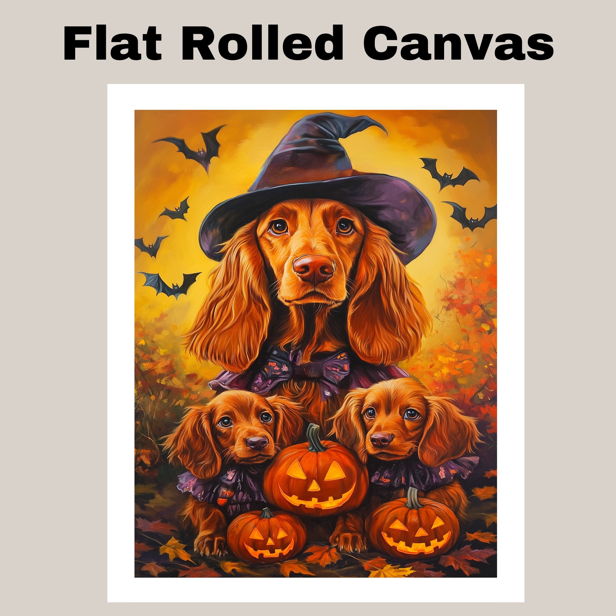 Irish Setter Dog Halloween Canvas Wall Art with Pumpkins and Witch Hats Rustic Fall Farmhouse Decor on Ready to Hang 1.5" Thick Canvas Wrap, Floating Framed Canvas, Flat Rolled Canvas