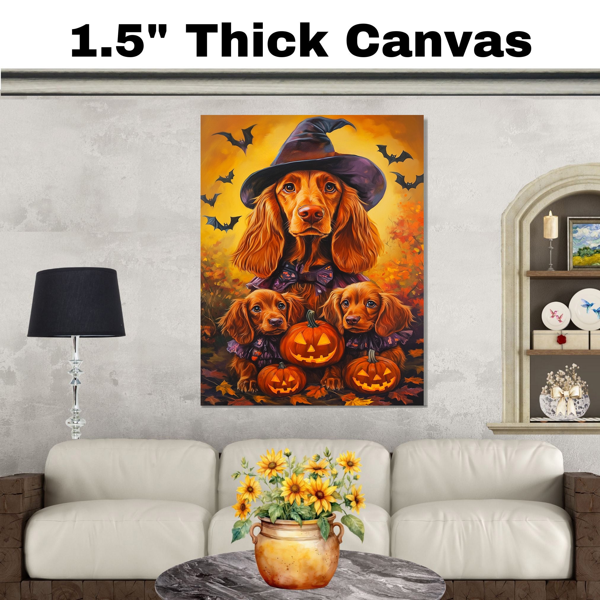 Irish Setter Dog Halloween Canvas Wall Art with Pumpkins and Witch Hats Rustic Fall Farmhouse Decor on Ready to Hang 1.5" Thick Canvas Wrap, Floating Framed Canvas, Flat Rolled Canvas