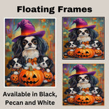 Japanese Chin Dog Halloween Canvas Wall Art with Pumpkins and Witch Hats Rustic Fall Farmhouse Decor on Ready to Hang 1.5" Thick Canvas Wrap, Floating Framed Canvas, Flat Rolled Canvas