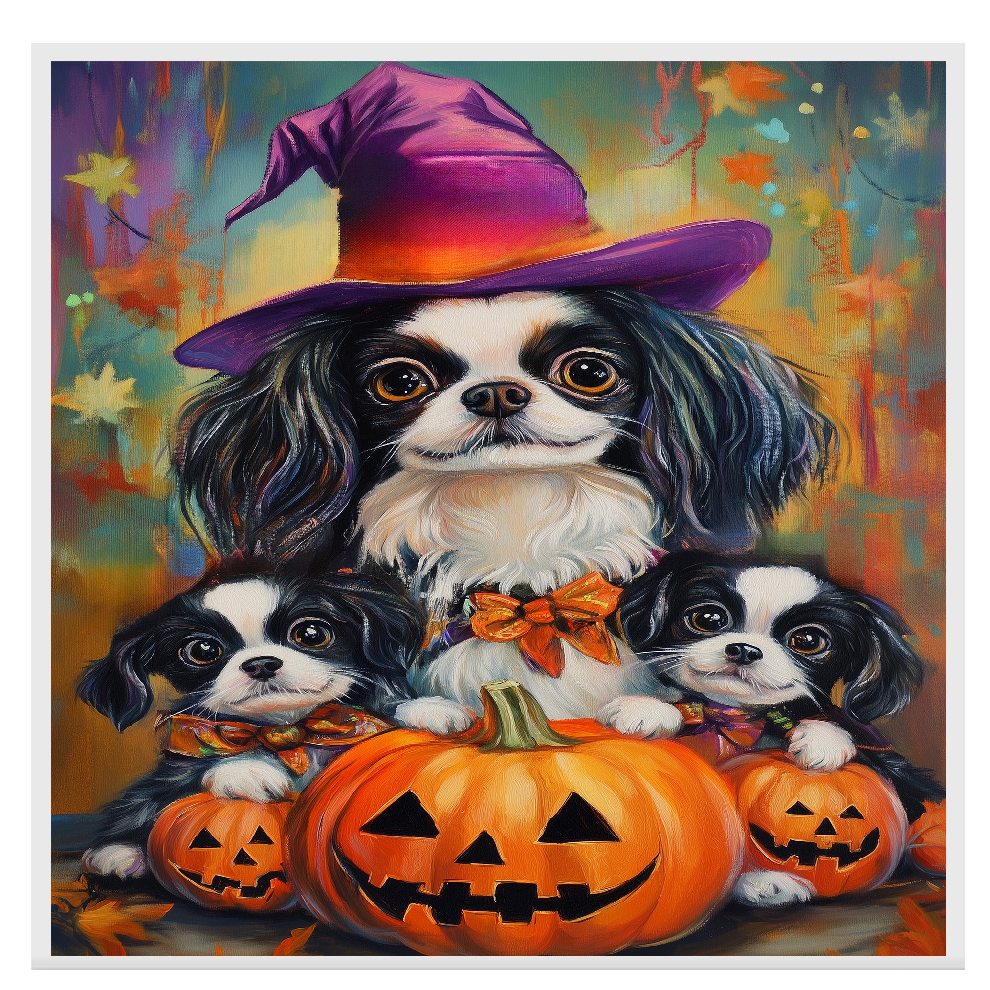 Japanese Chin Dog Halloween Canvas Wall Art with Pumpkins and Witch Hats Rustic Fall Farmhouse Decor on Ready to Hang 1.5" Thick Canvas Wrap, Floating Framed Canvas, Flat Rolled Canvas