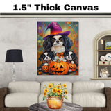 Japanese Chin Dog Halloween Canvas Wall Art with Pumpkins and Witch Hats Rustic Fall Farmhouse Decor on Ready to Hang 1.5" Thick Canvas Wrap, Floating Framed Canvas, Flat Rolled Canvas