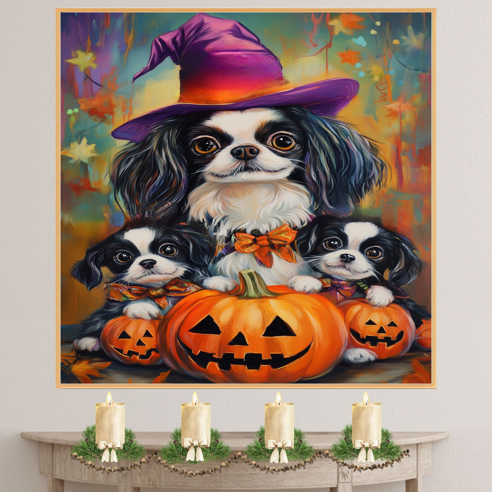 Japanese Chin Dog Halloween Canvas Wall Art with Pumpkins and Witch Hats Rustic Fall Farmhouse Decor on Ready to Hang 1.5" Thick Canvas Wrap, Floating Framed Canvas, Flat Rolled Canvas