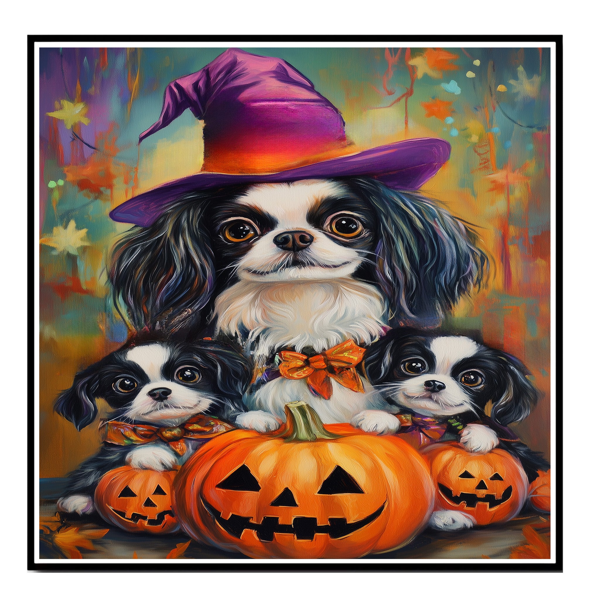 Japanese Chin Dog Halloween Canvas Wall Art with Pumpkins and Witch Hats Rustic Fall Farmhouse Decor on Ready to Hang 1.5" Thick Canvas Wrap, Floating Framed Canvas, Flat Rolled Canvas