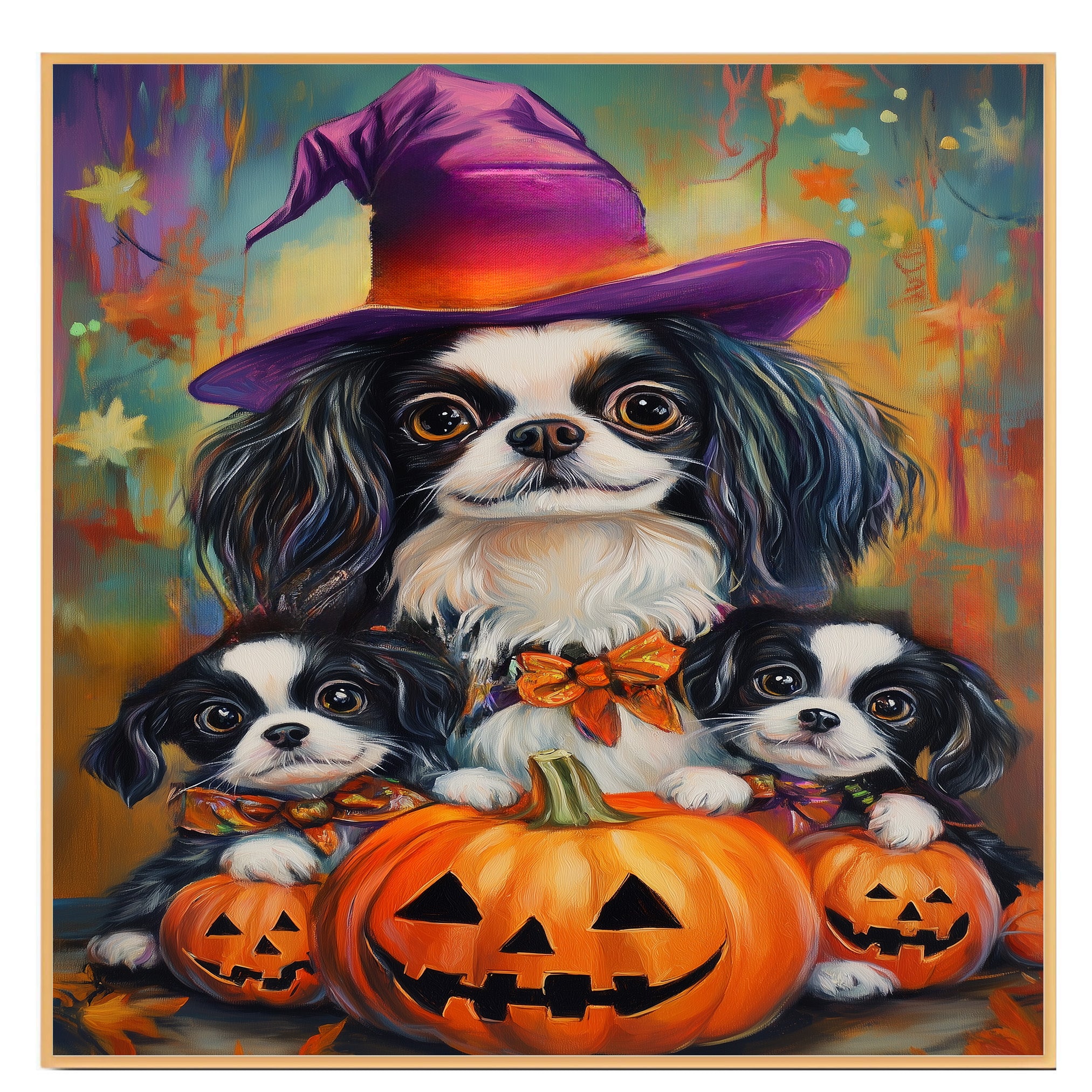 Japanese Chin Dog Halloween Canvas Wall Art with Pumpkins and Witch Hats Rustic Fall Farmhouse Decor on Ready to Hang 1.5" Thick Canvas Wrap, Floating Framed Canvas, Flat Rolled Canvas
