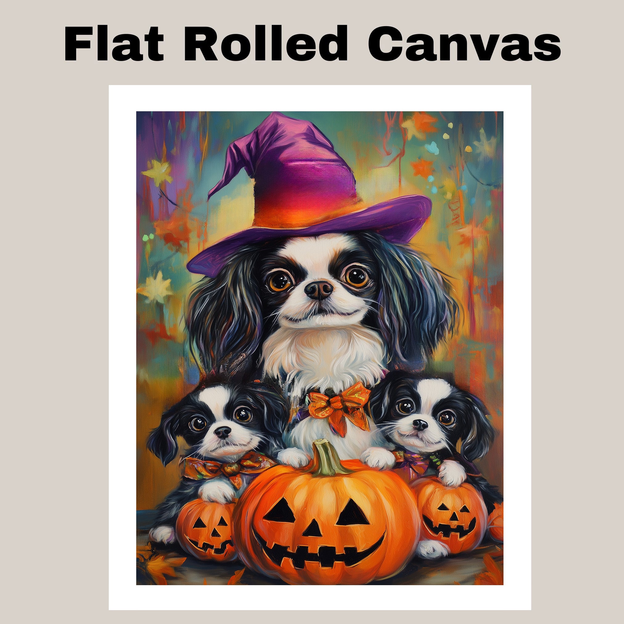 Japanese Chin Dog Halloween Canvas Wall Art with Pumpkins and Witch Hats Rustic Fall Farmhouse Decor on Ready to Hang 1.5" Thick Canvas Wrap, Floating Framed Canvas, Flat Rolled Canvas