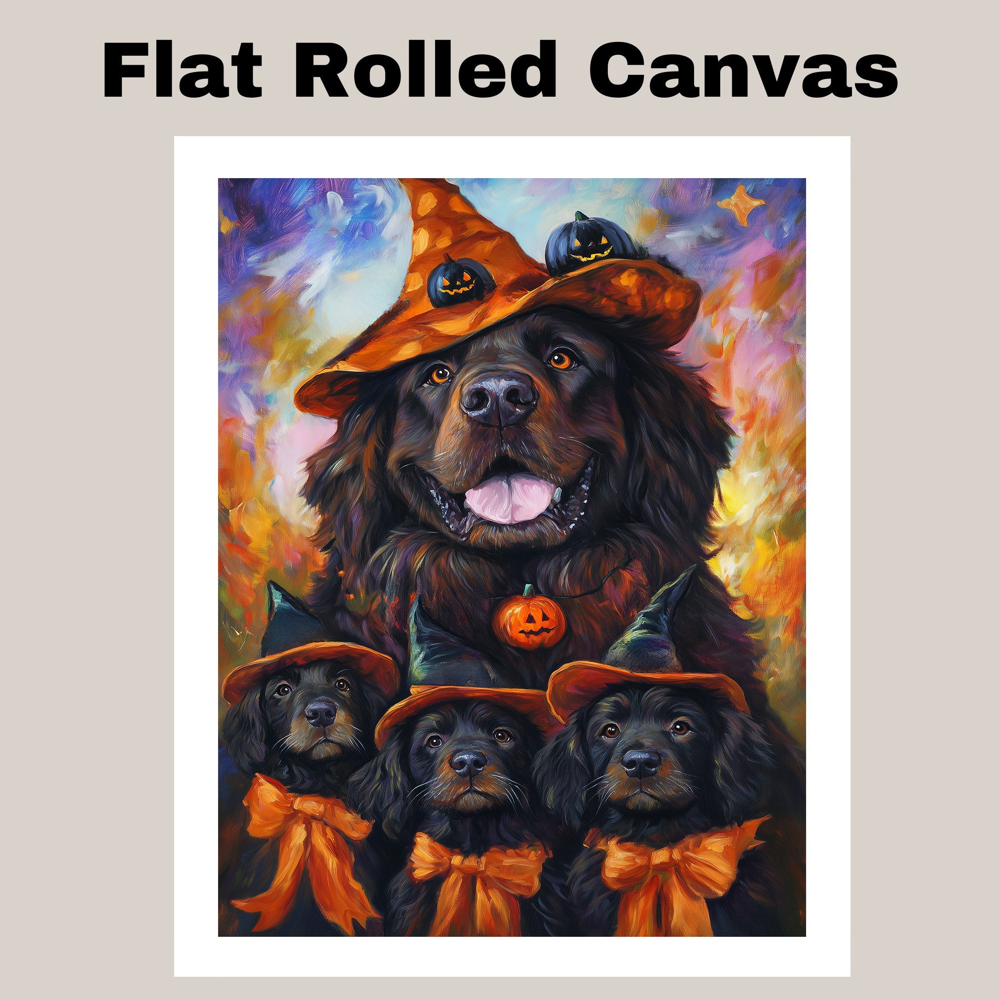 Newfoundland Dog Halloween Canvas Wall Art with Witch Hat and Pumpkins Rustic Fall Farmhouse Decor on Ready to Hang 1.5" Thick Canvas Wrap, Floating Framed Canvas, Flat Rolled Canvas