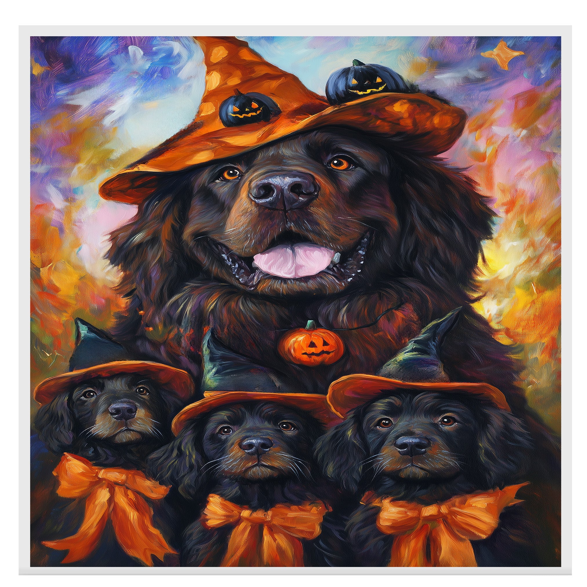 Newfoundland Dog Halloween Canvas Wall Art with Witch Hat and Pumpkins Rustic Fall Farmhouse Decor on Ready to Hang 1.5" Thick Canvas Wrap, Floating Framed Canvas, Flat Rolled Canvas