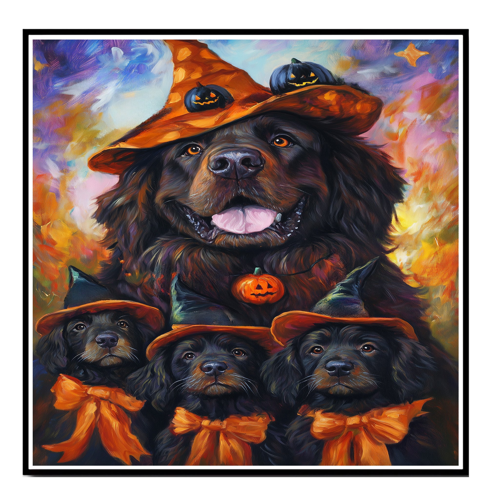 Newfoundland Dog Halloween Canvas Wall Art with Witch Hat and Pumpkins Rustic Fall Farmhouse Decor on Ready to Hang 1.5" Thick Canvas Wrap, Floating Framed Canvas, Flat Rolled Canvas