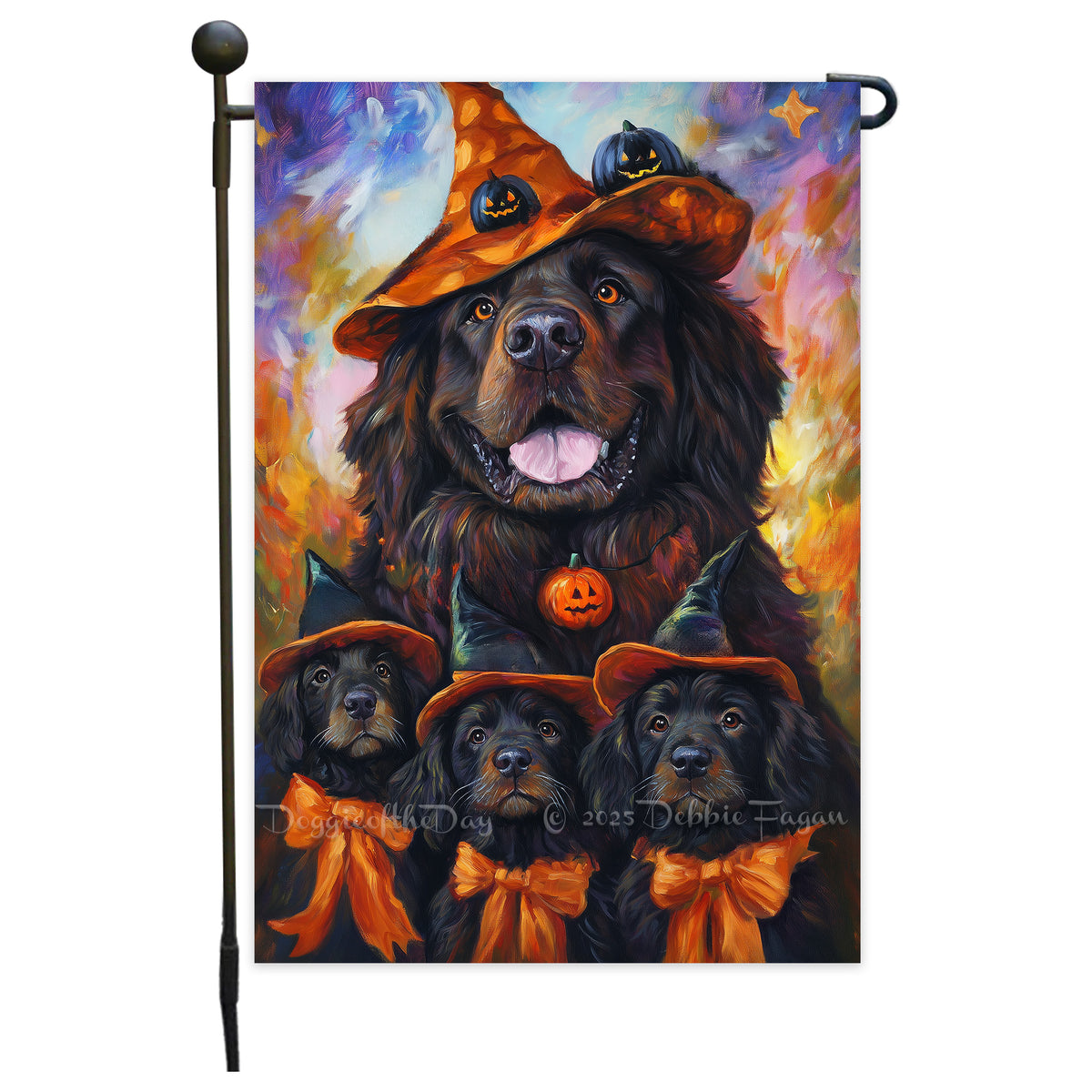 Newfoundland Dog Witch Hat Pumpkins Garden Flag Festive Decorations for Seasonal Yard Flag for Autumn Holiday Jack-O-Lantern Banner for Halloween