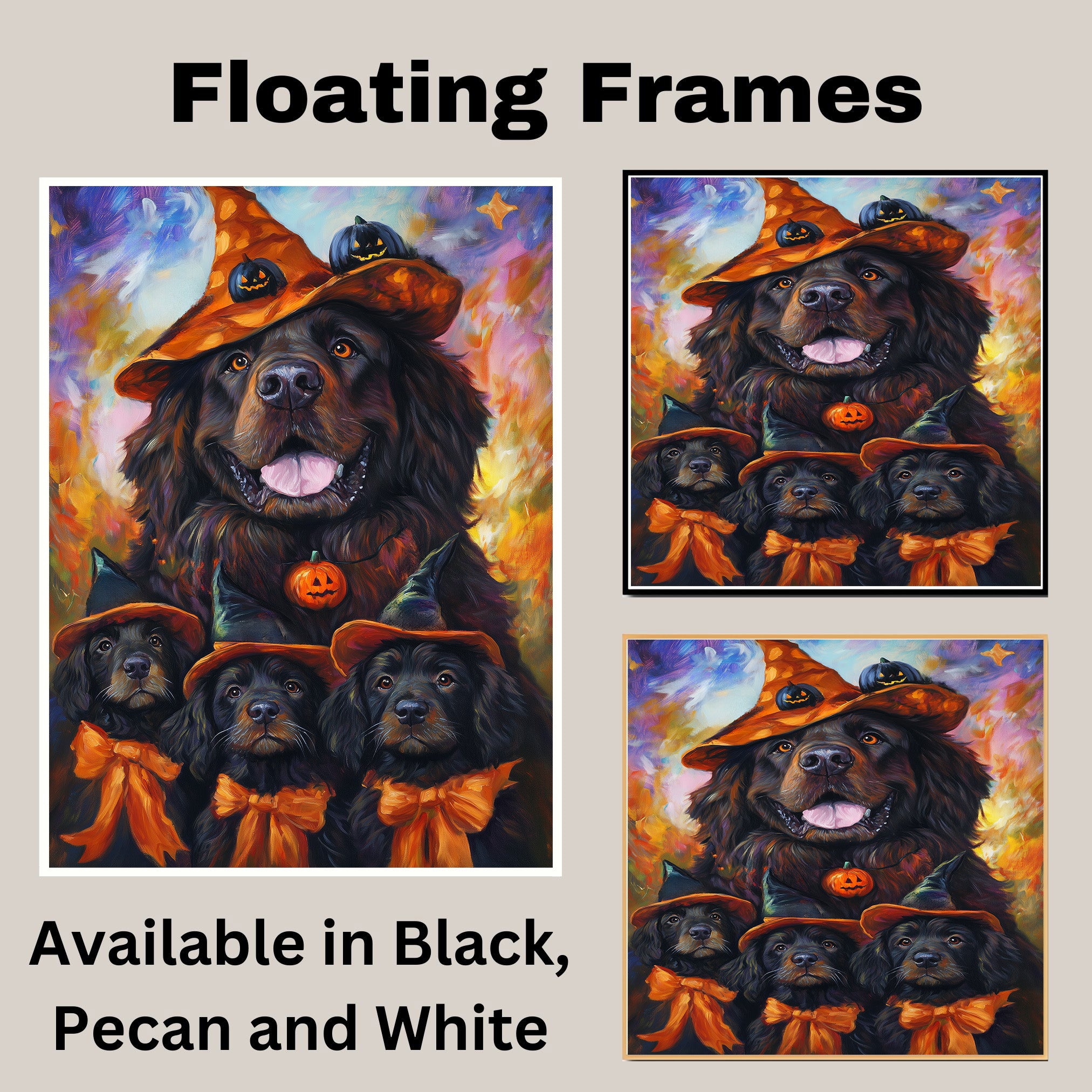 Newfoundland Dog Halloween Canvas Wall Art with Witch Hat and Pumpkins Rustic Fall Farmhouse Decor on Ready to Hang 1.5" Thick Canvas Wrap, Floating Framed Canvas, Flat Rolled Canvas