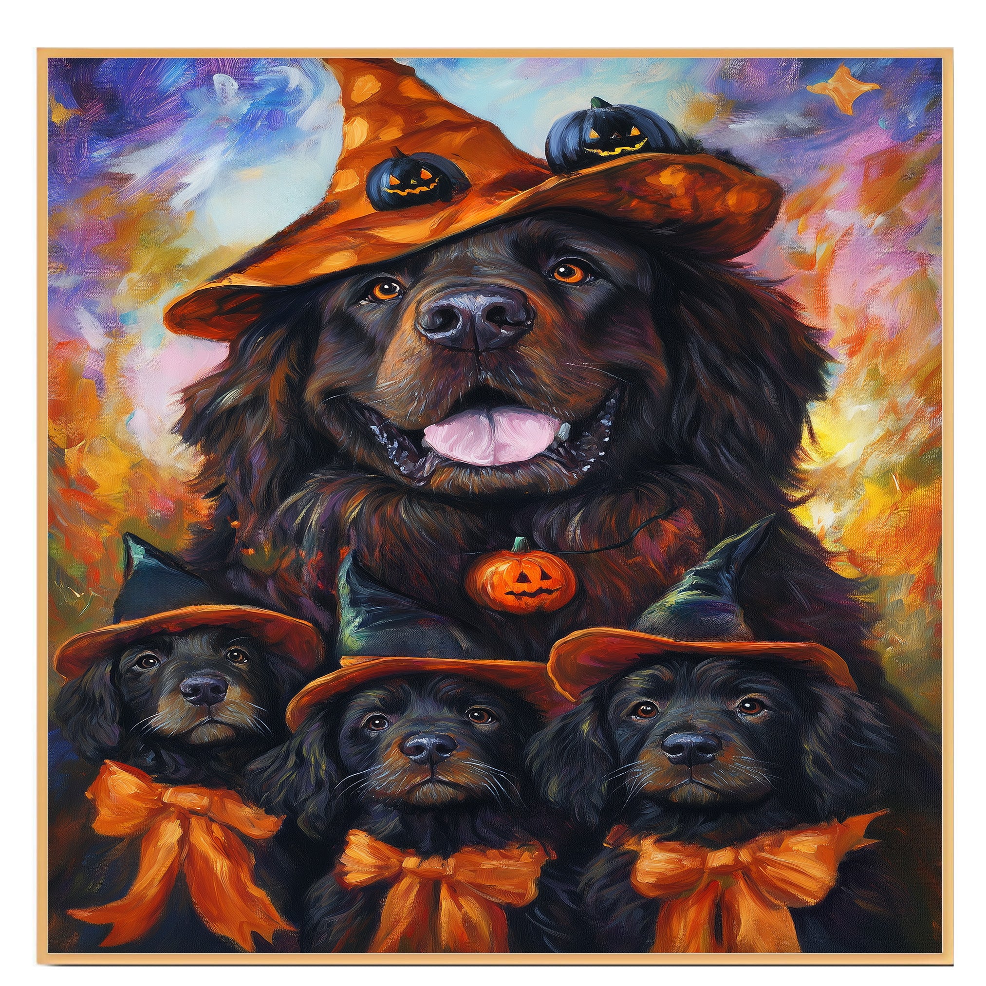 Newfoundland Dog Halloween Canvas Wall Art with Witch Hat and Pumpkins Rustic Fall Farmhouse Decor on Ready to Hang 1.5" Thick Canvas Wrap, Floating Framed Canvas, Flat Rolled Canvas