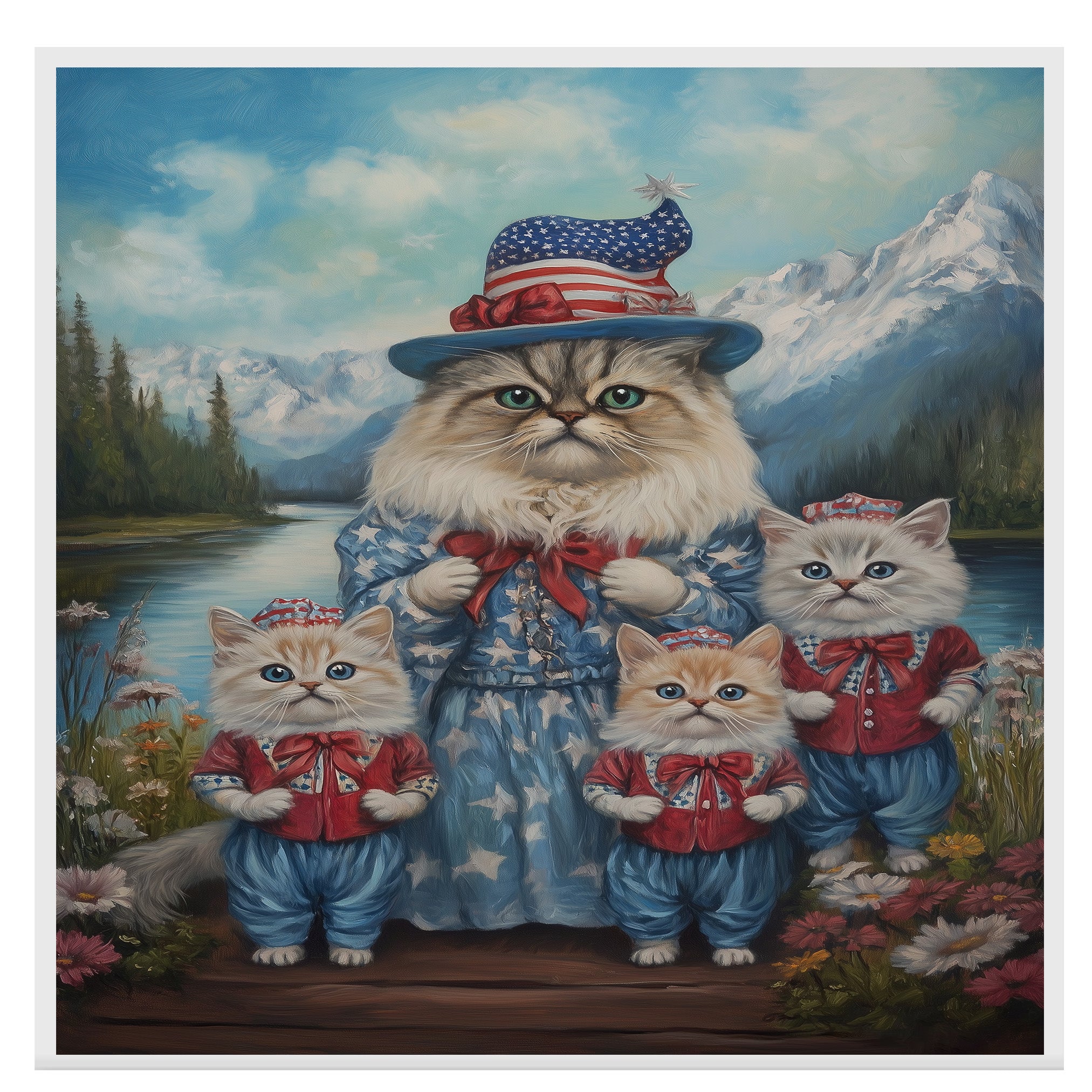 Persian Cat Family Dressed in Patriotic Outfits by a Lake with Mountains in the Background for Independence Day on Ready to Hang 1.5" Thick Canvas Wrap, Floating Framed Canvas, Flat Rolled Canvas