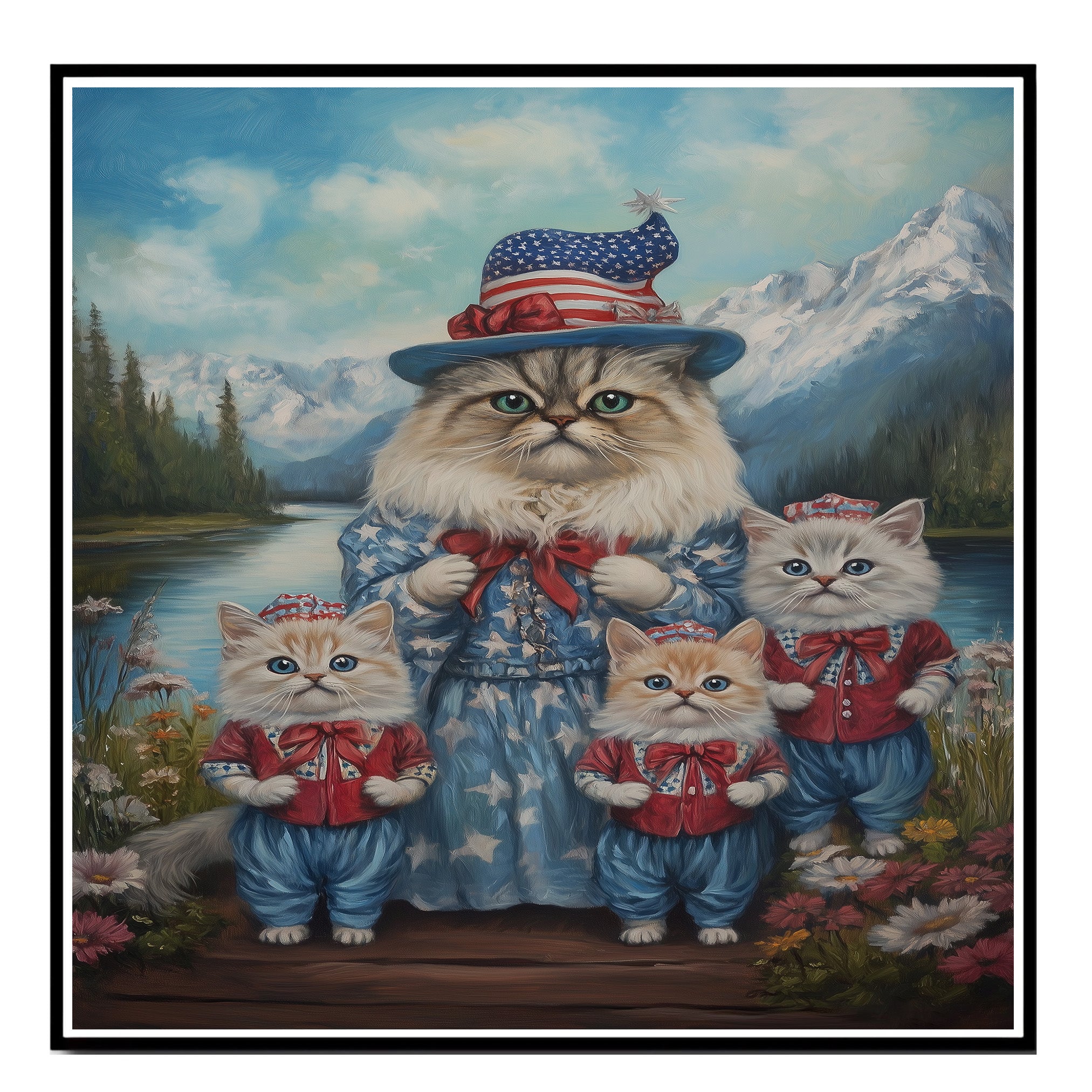 Persian Cat Family Dressed in Patriotic Outfits by a Lake with Mountains in the Background for Independence Day on Ready to Hang 1.5" Thick Canvas Wrap, Floating Framed Canvas, Flat Rolled Canvas