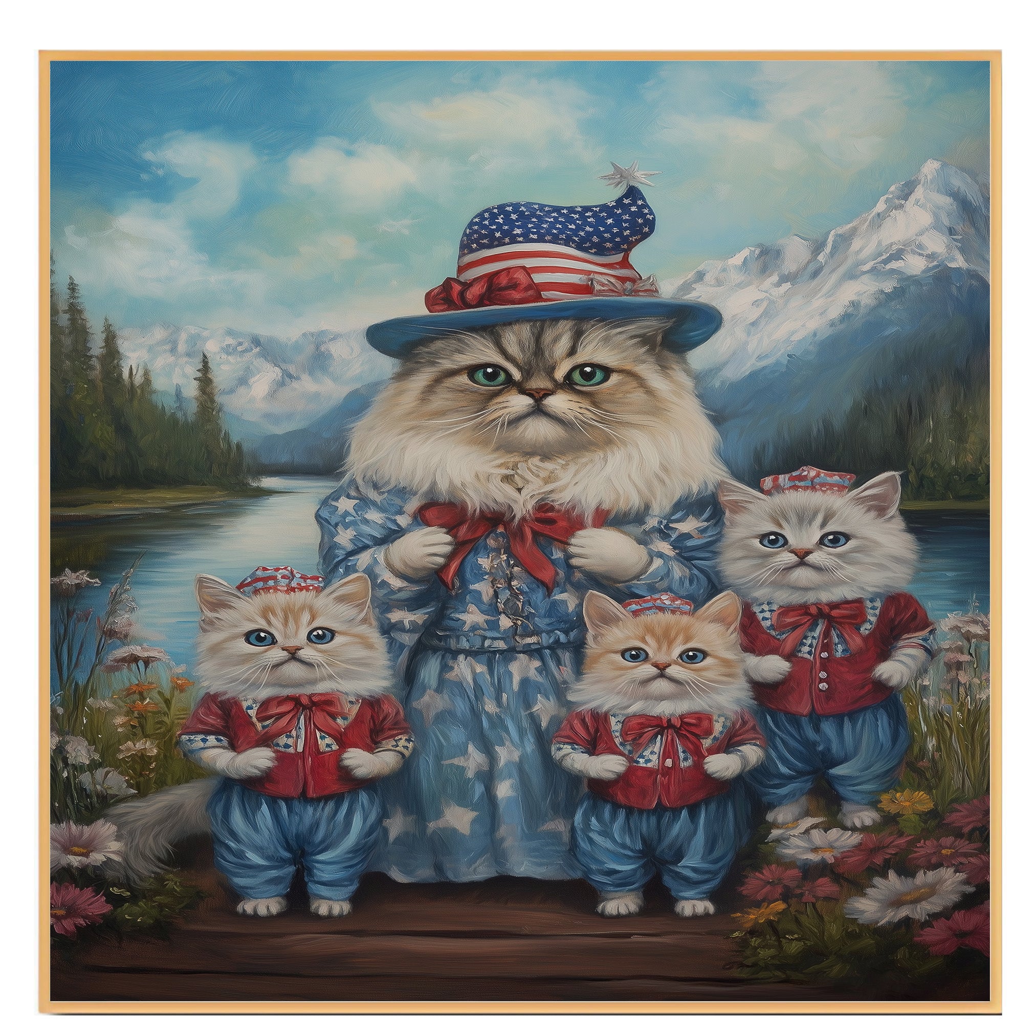 Persian Cat Family Dressed in Patriotic Outfits by a Lake with Mountains in the Background for Independence Day on Ready to Hang 1.5" Thick Canvas Wrap, Floating Framed Canvas, Flat Rolled Canvas