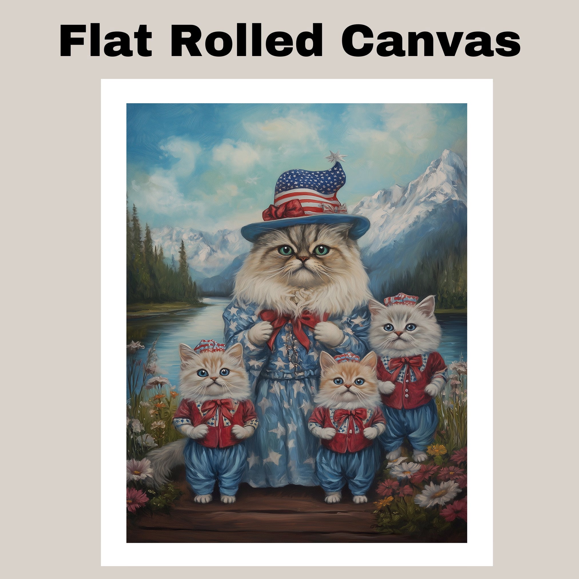 Persian Cat Family Dressed in Patriotic Outfits by a Lake with Mountains in the Background for Independence Day on Ready to Hang 1.5" Thick Canvas Wrap, Floating Framed Canvas, Flat Rolled Canvas