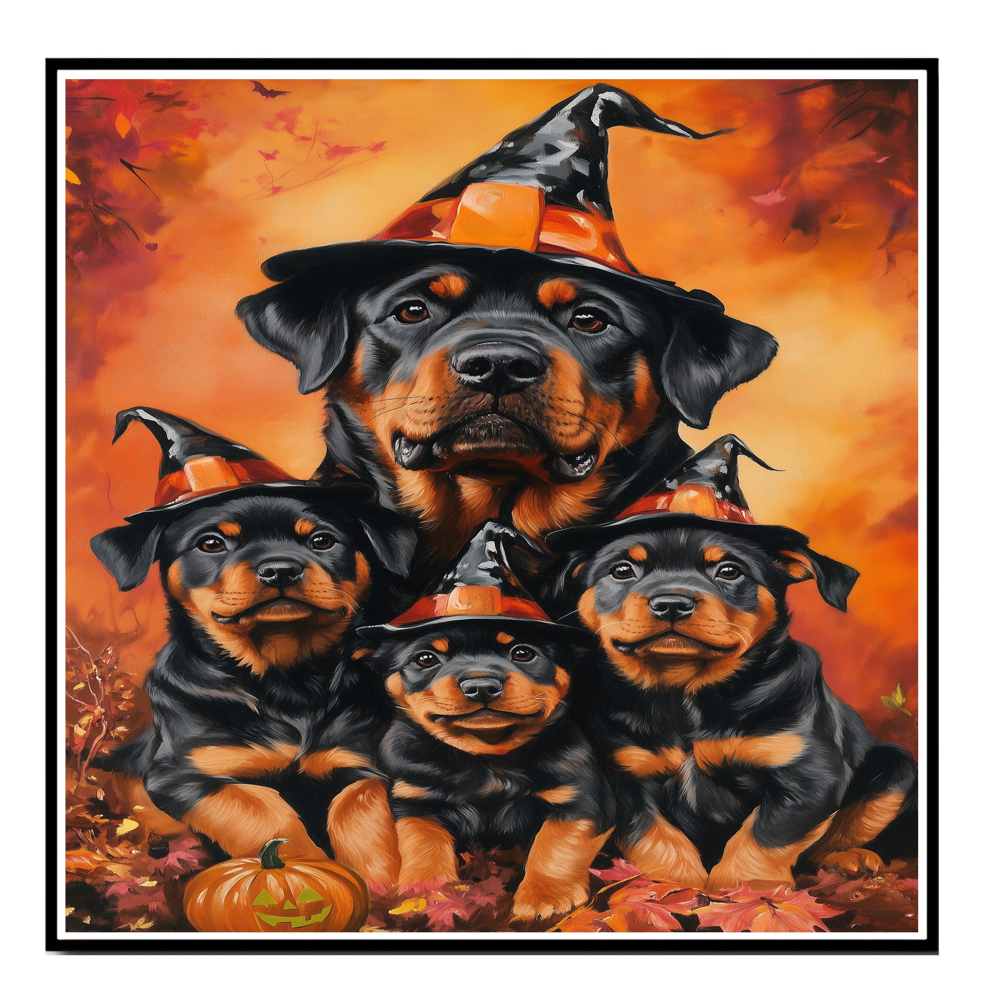 Halloween Rottweiler Dog Wall Art Rustic Canvas with Pumpkins Witch Hat and Fall Leaves Autumn Farmhouse Pet Decor for Home and Dog Lovers on Ready to Hang 1.5" Thick Canvas Wrap, Floating Framed Canvas, Flat Rolled Canvas