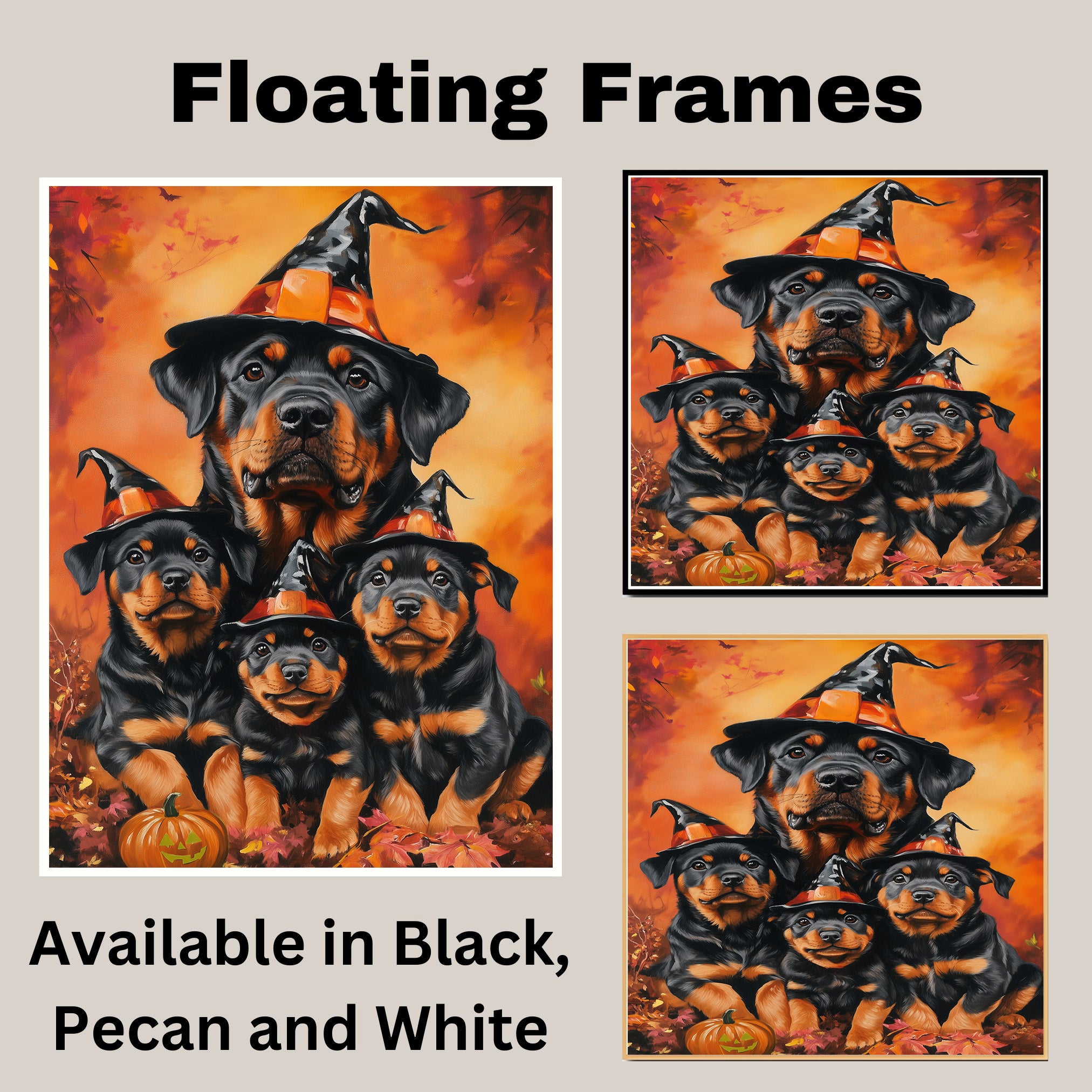 Halloween Rottweiler Dog Wall Art Rustic Canvas with Pumpkins Witch Hat and Fall Leaves Autumn Farmhouse Pet Decor for Home and Dog Lovers on Ready to Hang 1.5" Thick Canvas Wrap, Floating Framed Canvas, Flat Rolled Canvas