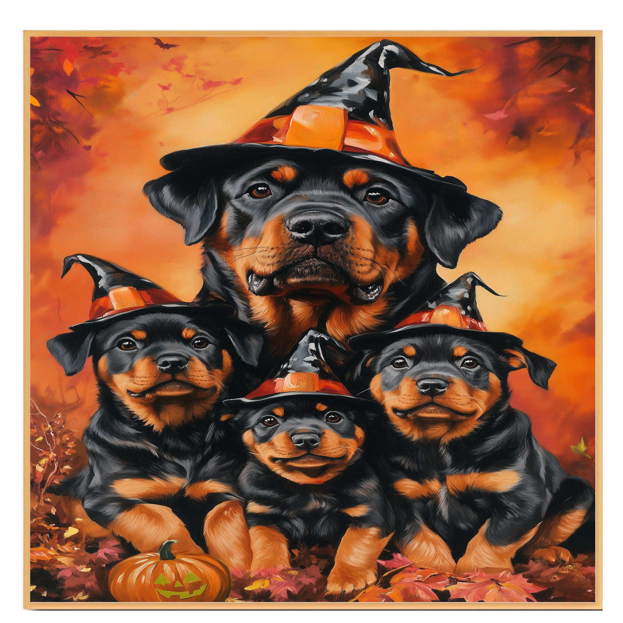Halloween Rottweiler Dog Wall Art Rustic Canvas with Pumpkins Witch Hat and Fall Leaves Autumn Farmhouse Pet Decor for Home and Dog Lovers on Ready to Hang 1.5" Thick Canvas Wrap, Floating Framed Canvas, Flat Rolled Canvas