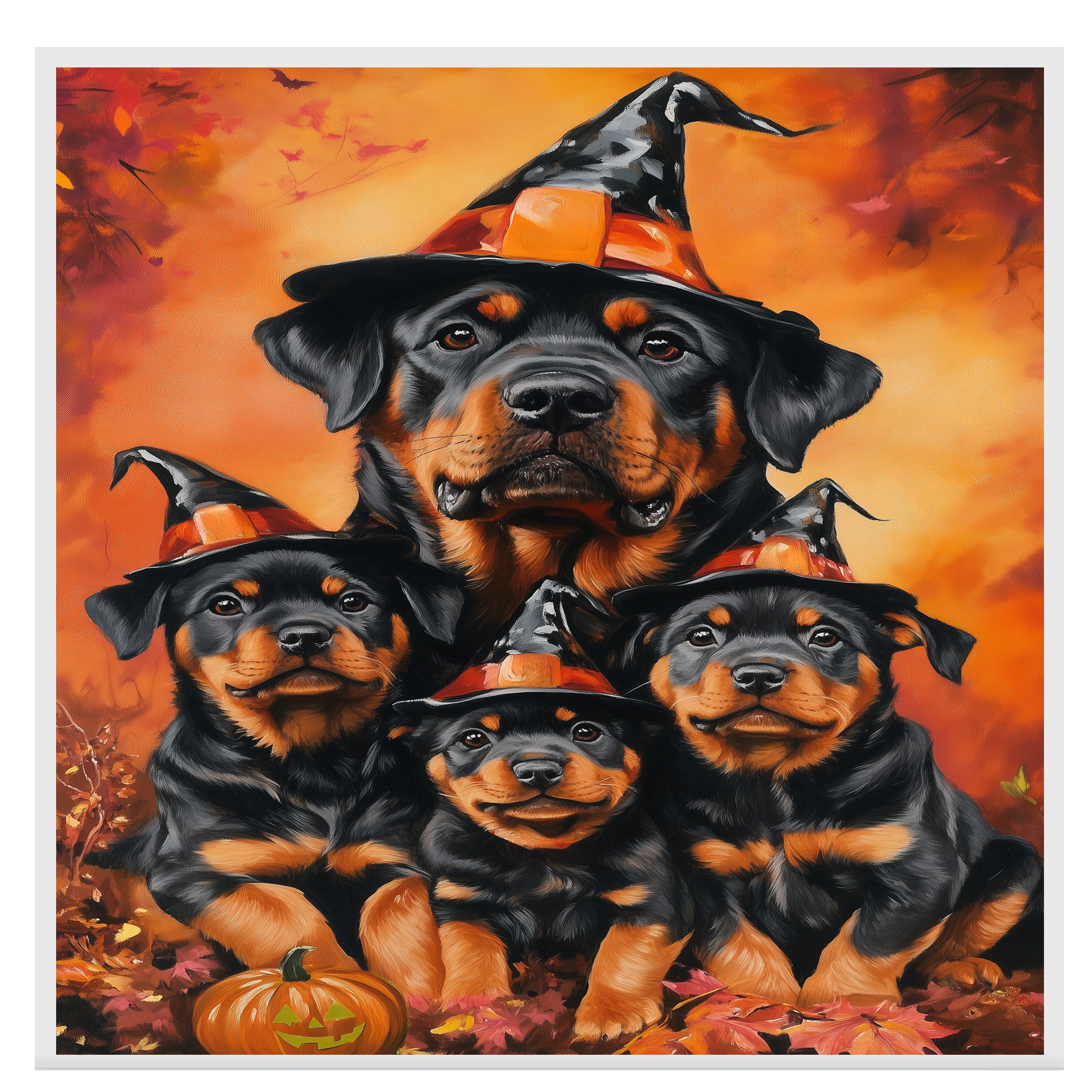 Halloween Rottweiler Dog Wall Art Rustic Canvas with Pumpkins Witch Hat and Fall Leaves Autumn Farmhouse Pet Decor for Home and Dog Lovers on Ready to Hang 1.5" Thick Canvas Wrap, Floating Framed Canvas, Flat Rolled Canvas