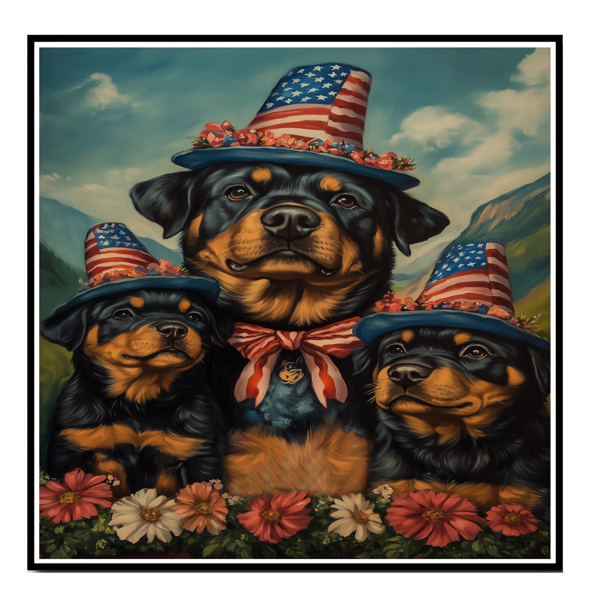 Rottweiler Dog Family in Patriotic Outfits and Star Hats with Flowers in Scenic Landscape for Fourth of July Celebration on Ready to Hang 1.5" Thick Canvas Wrap, Floating Framed Canvas, Flat Rolled Canvas