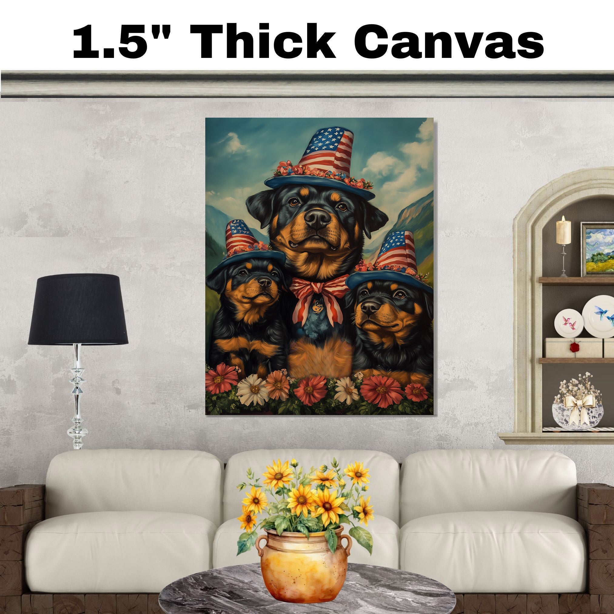Rottweiler Dog Family in Patriotic Outfits and Star Hats with Flowers in Scenic Landscape for Fourth of July Celebration on Ready to Hang 1.5" Thick Canvas Wrap, Floating Framed Canvas, Flat Rolled Canvas