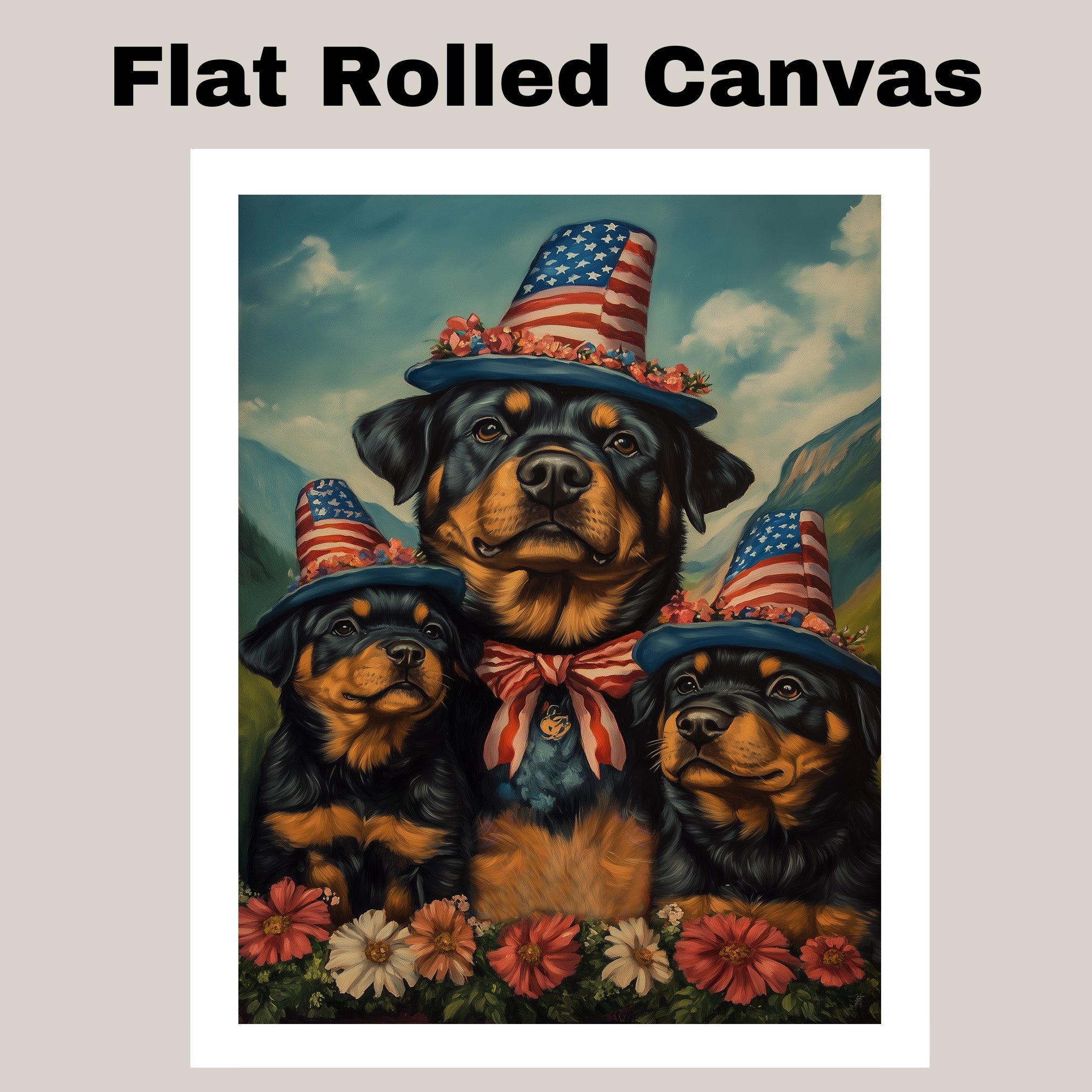 Rottweiler Dog Family in Patriotic Outfits and Star Hats with Flowers in Scenic Landscape for Fourth of July Celebration on Ready to Hang 1.5" Thick Canvas Wrap, Floating Framed Canvas, Flat Rolled Canvas