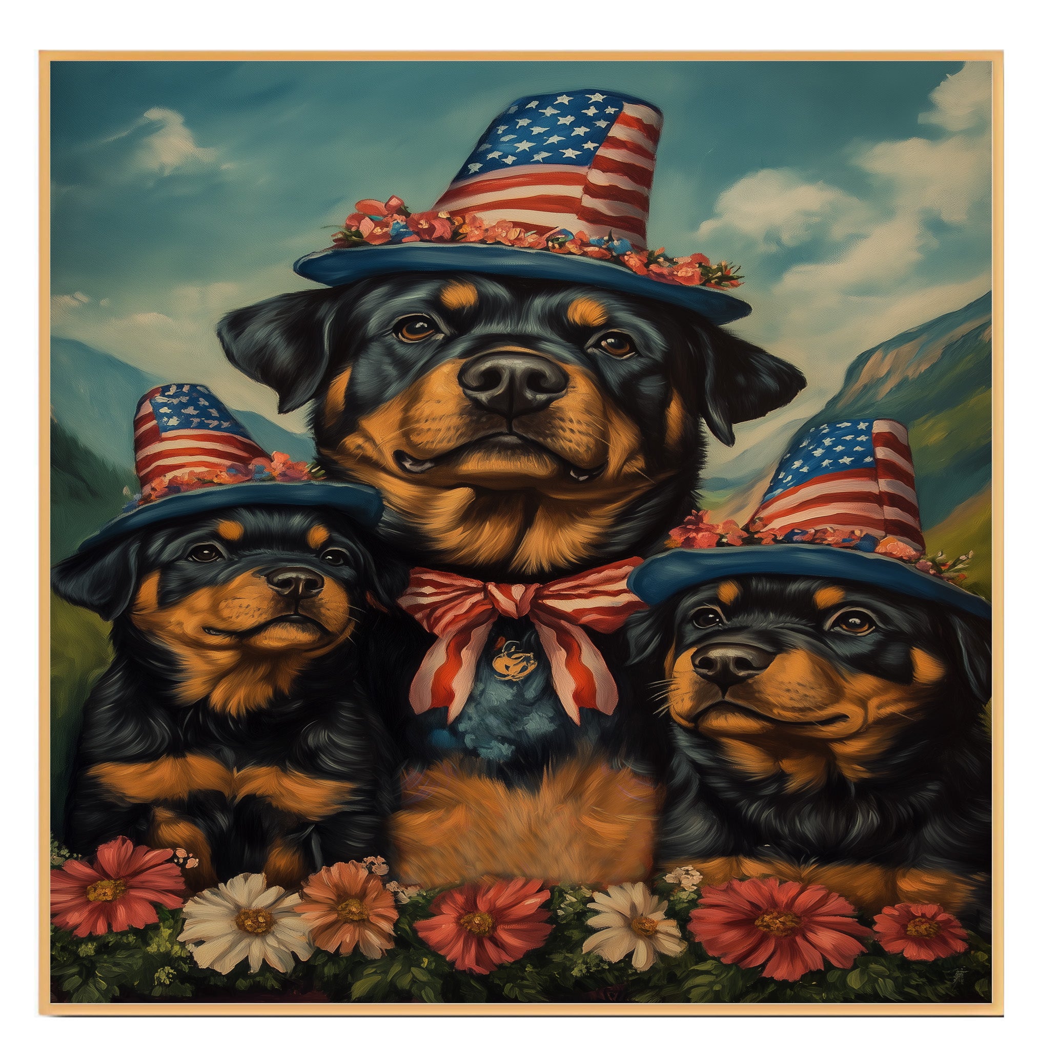 Rottweiler Dog Family in Patriotic Outfits and Star Hats with Flowers in Scenic Landscape for Fourth of July Celebration on Ready to Hang 1.5" Thick Canvas Wrap, Floating Framed Canvas, Flat Rolled Canvas