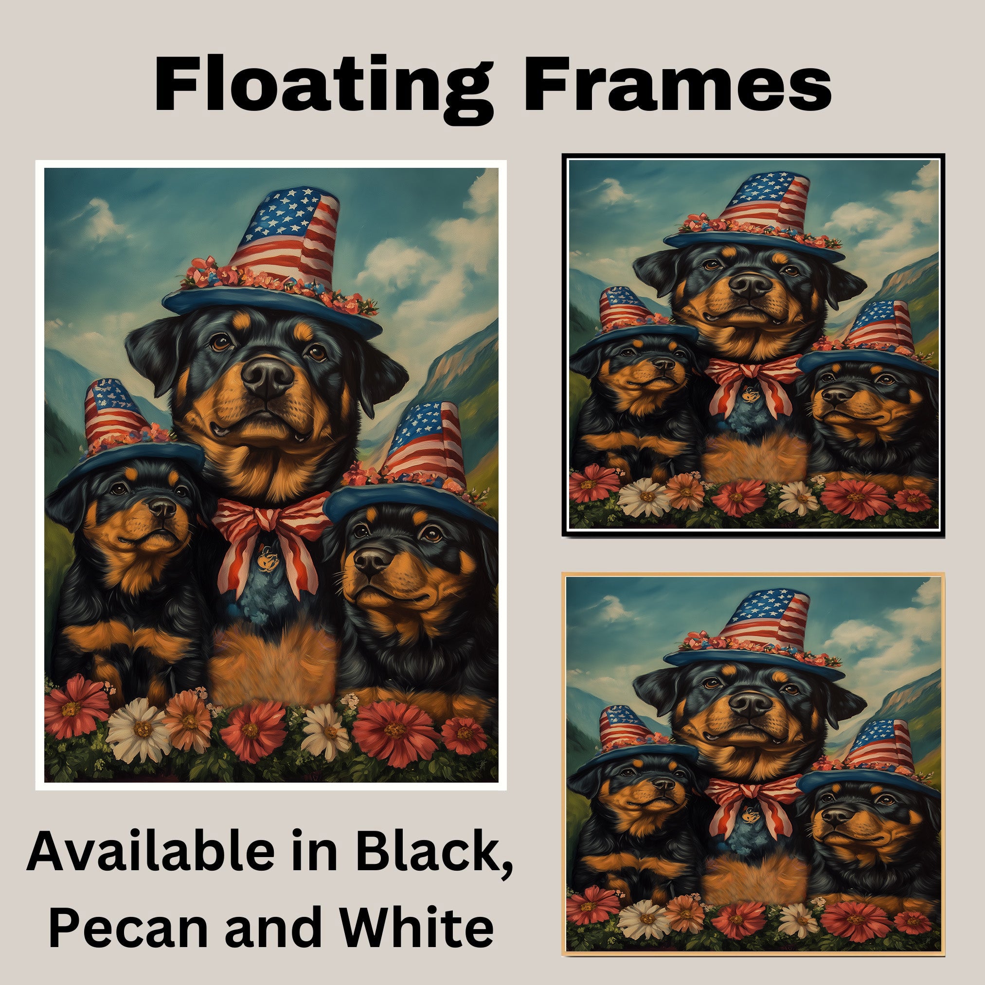 Rottweiler Dog Family in Patriotic Outfits and Star Hats with Flowers in Scenic Landscape for Fourth of July Celebration on Ready to Hang 1.5" Thick Canvas Wrap, Floating Framed Canvas, Flat Rolled Canvas