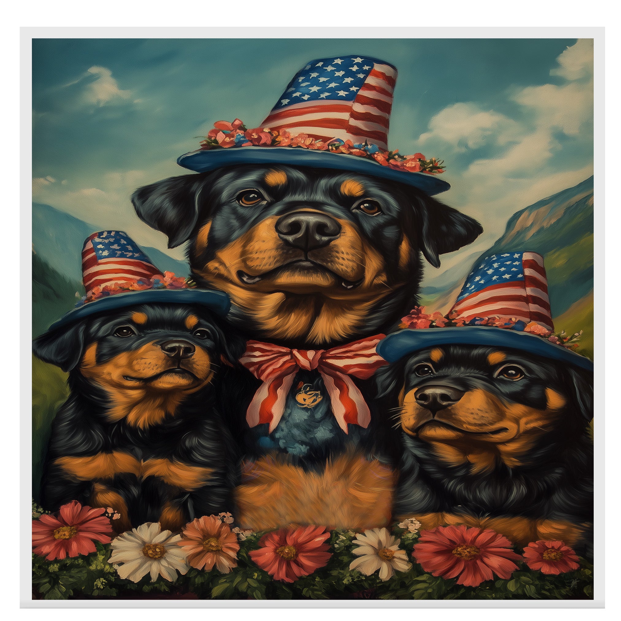 Rottweiler Dog Family in Patriotic Outfits and Star Hats with Flowers in Scenic Landscape for Fourth of July Celebration on Ready to Hang 1.5" Thick Canvas Wrap, Floating Framed Canvas, Flat Rolled Canvas